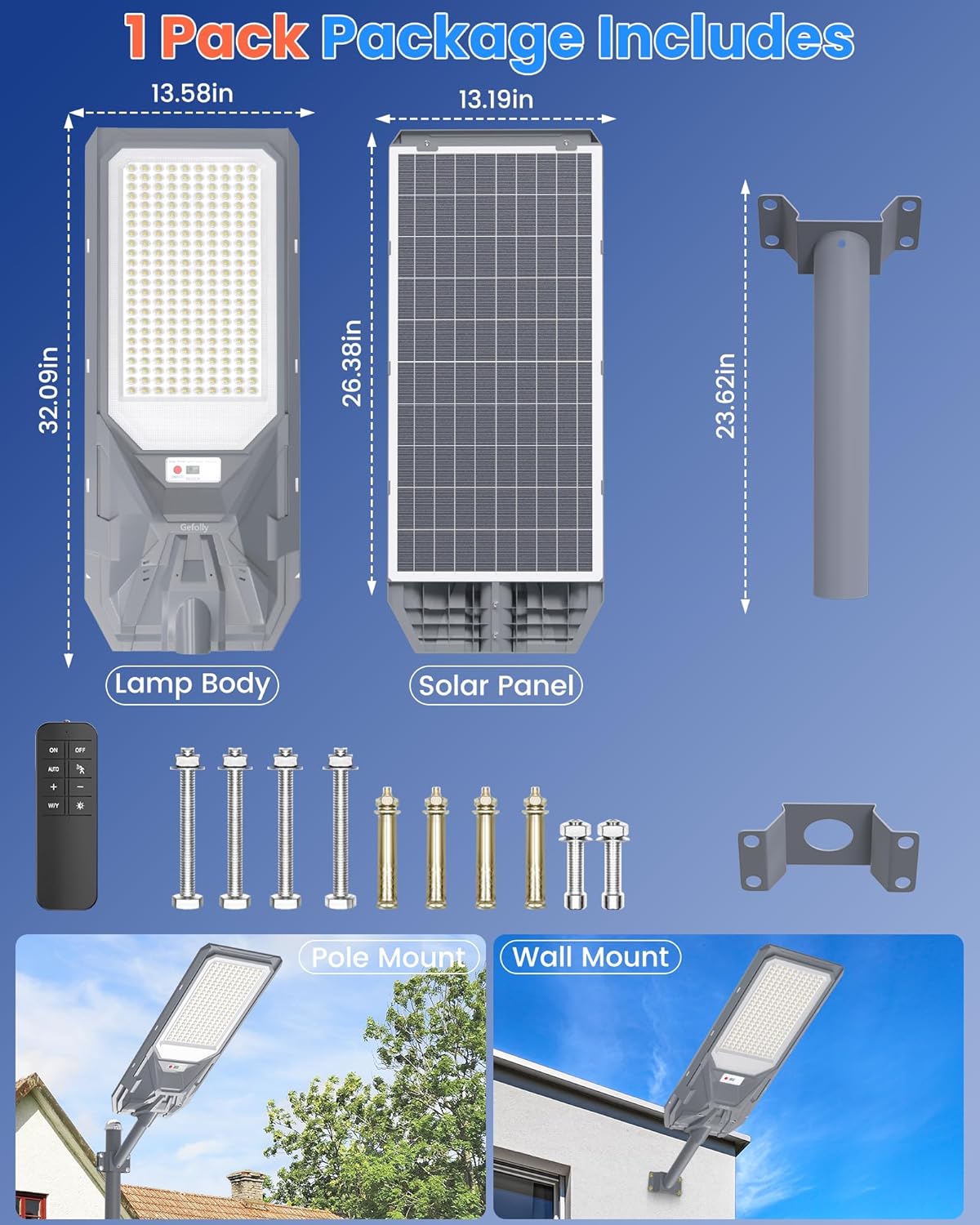 Gefolly SL-9000W Solar Straßenlaterne mit Fernbedienung, 6500K Strahler Außen mit Bewegungsmelder, IP67 Solarlampen Wegeleuchte im Freien für Gärten Garage