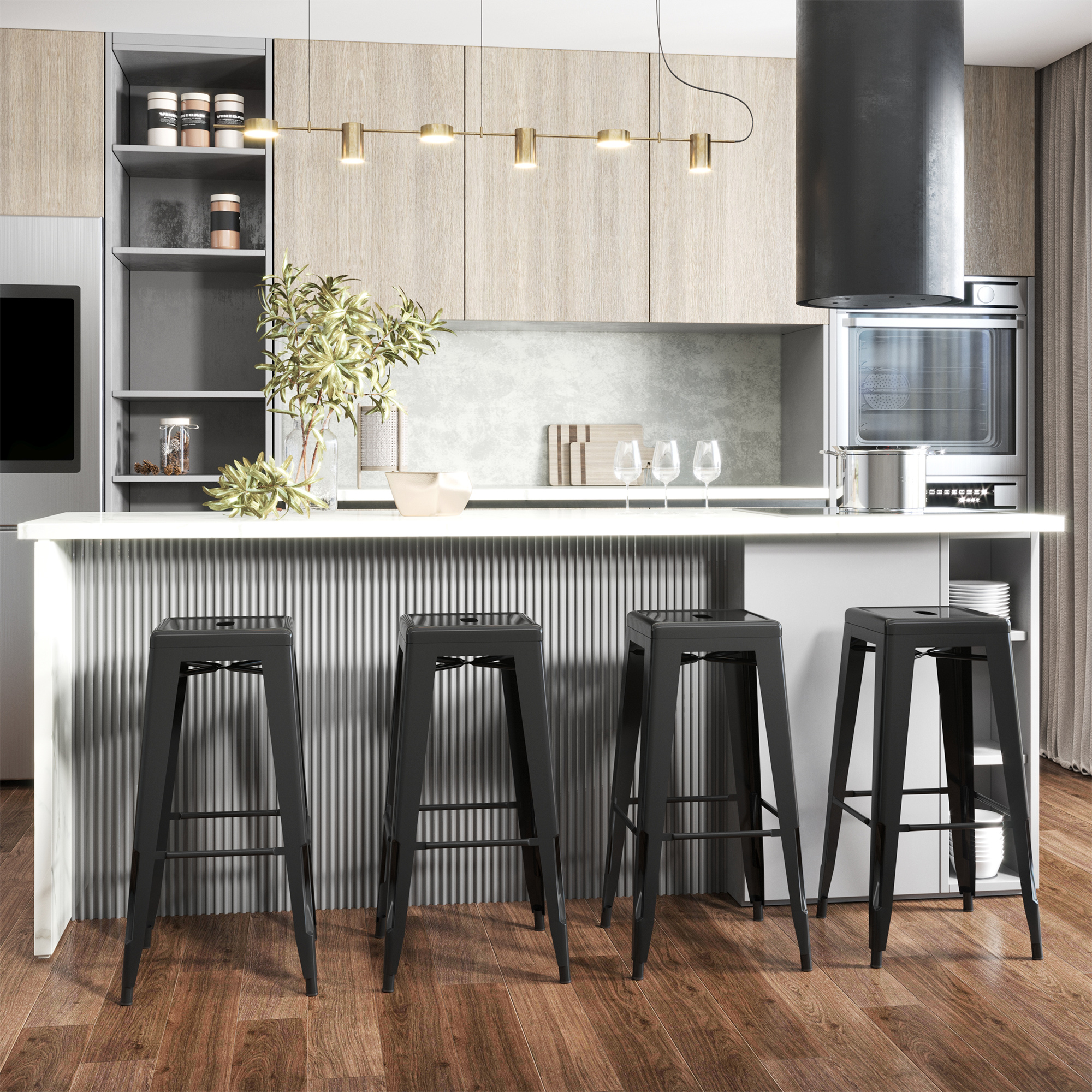 HOMCOM Set mit 4 stapelbaren Barhockern Industriestil mit Fußstütze Sitzhöhe 76 cm Metall Schwarz