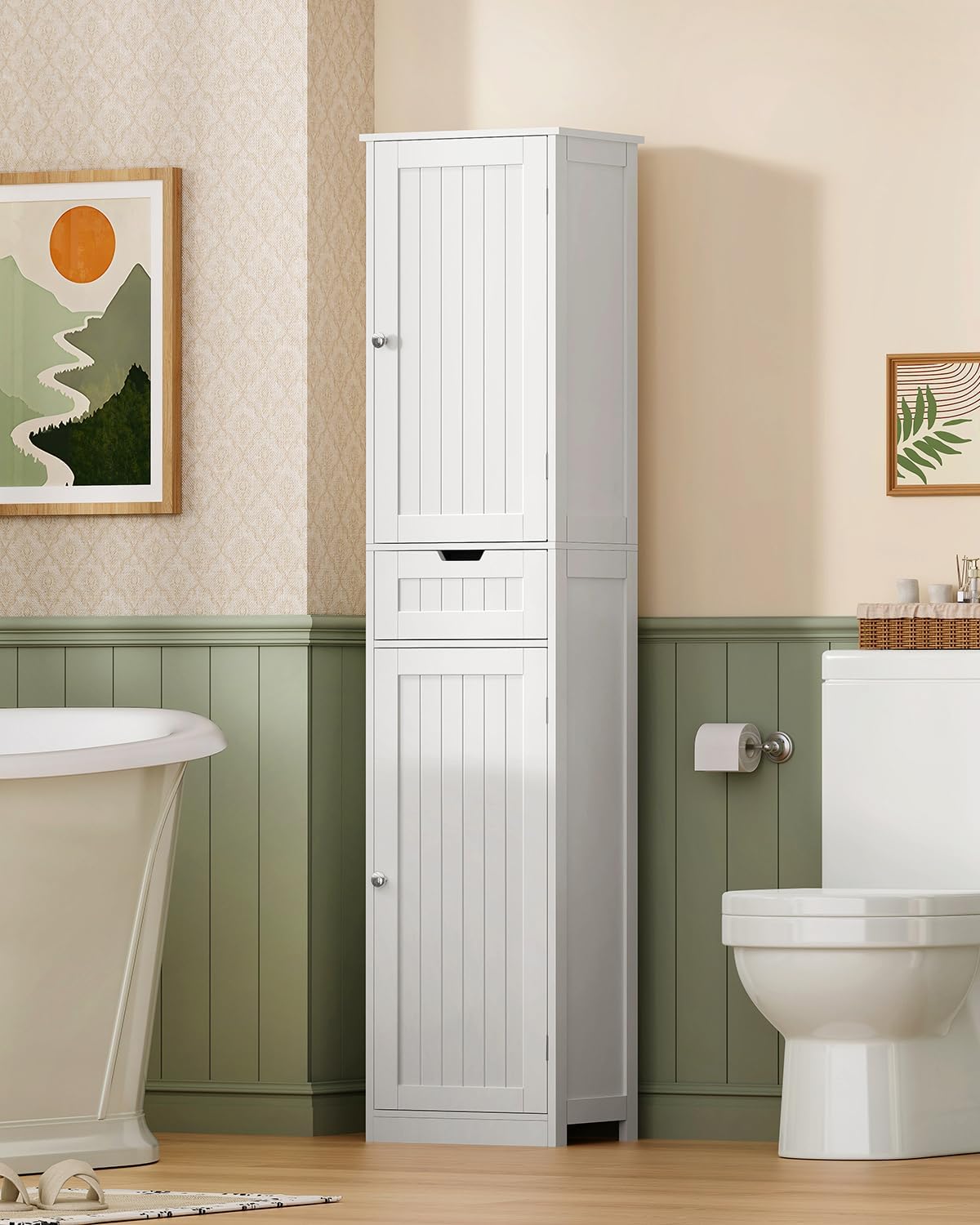 TEENFON Mobile da Bagno Salvaspazio Stretto e Alto con Cassetto, Armadietto Bagno Moderno 2 Ante + 1 Cassetto 40x30x170 cm, Bianco