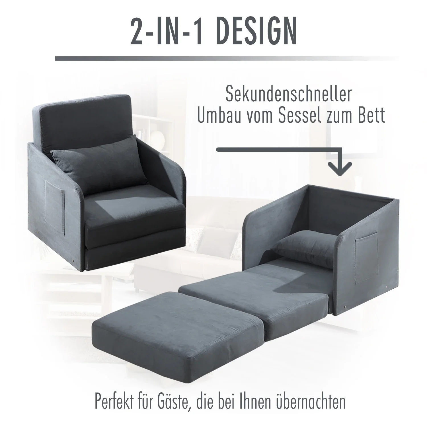 HOMCOM Schlafsessel mit Schlaffunktion und 2 Seitentaschen Wildlederimitat