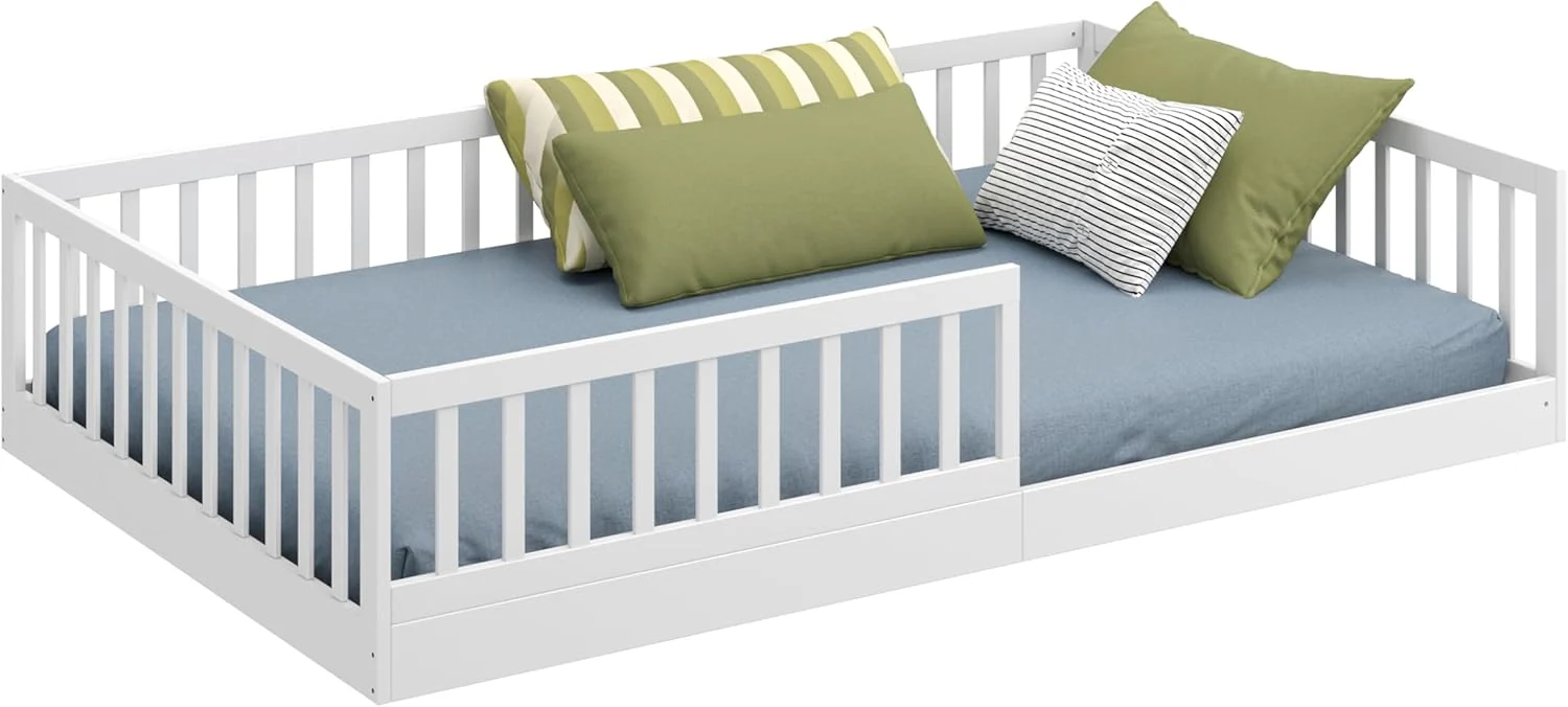 CADANI Timi 2-in-1 Vloerbed 140x200 cm Montessori Kinderbed met uitneembare valbeveiliging incl. lattenbodem, massief grenenhout, wit - 3 opbouwmogelijkheden, belastbaar tot 200 kg, ombouwbaar