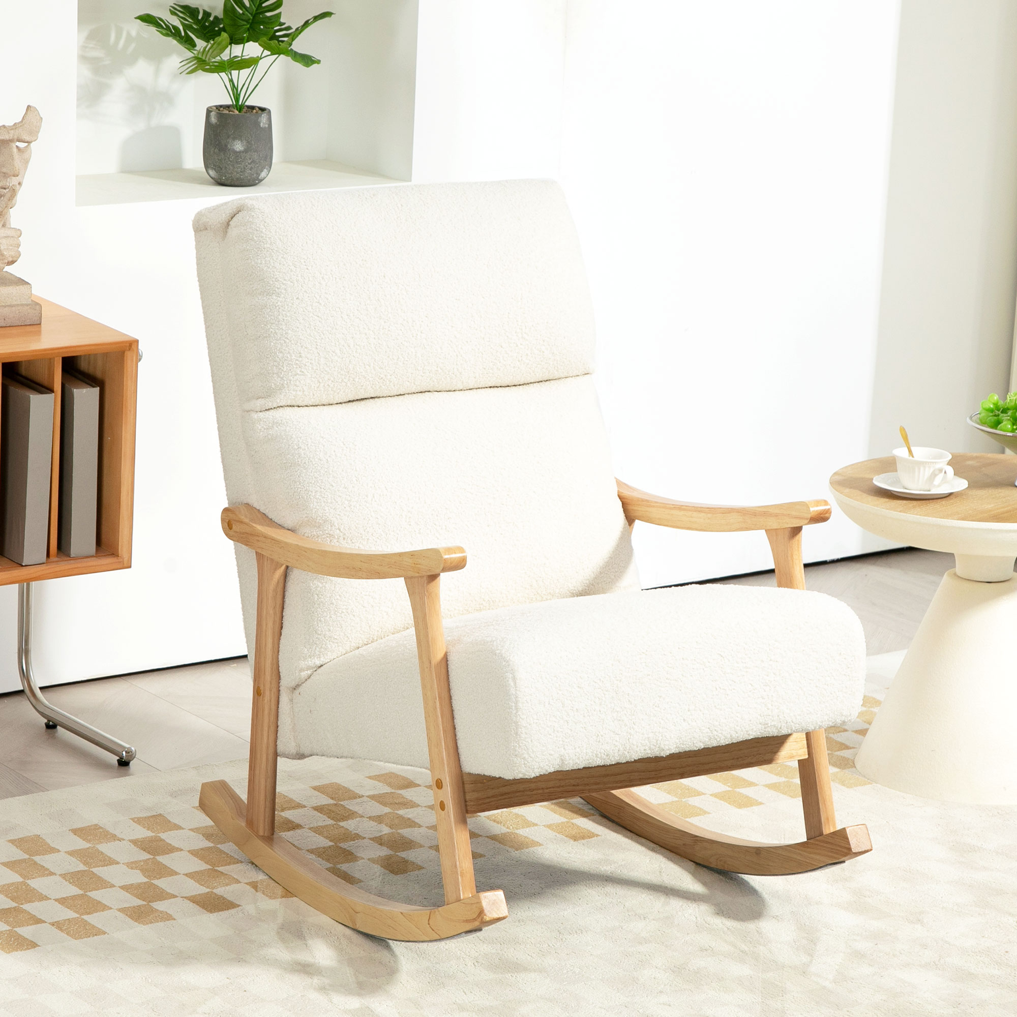 HOMCOM Schaukelstuhl, Stoffbezug in Samtoptik, Ergonomische Rückenlehne, 120 kg Belastbarkeit, 65B x 90T x 98H cm, Cremeweiß
