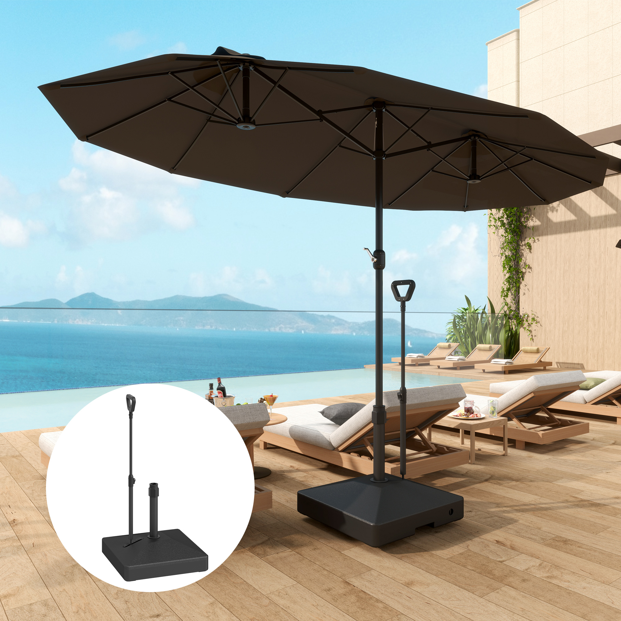 Outsunny Gartenschirmständer, Sonnenschirmbasis mit verstellbaren Rädern, mit Wasser und Sand befüllbar, Kunststoff, Schwarz