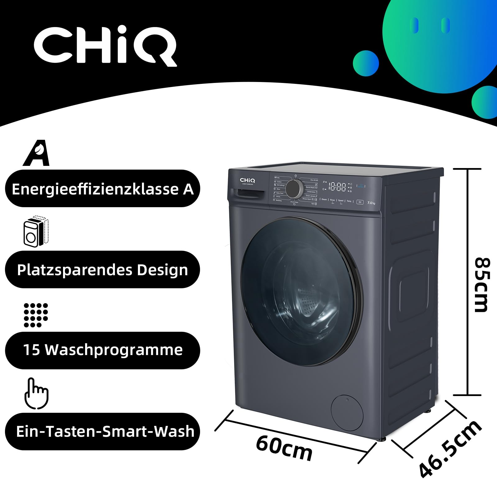 Waschmaschine 7 kg mit Inverter-Motor, Energieeffizienzklasse A, 1200 U/min, 60 cm breit und 46,5 cm tief