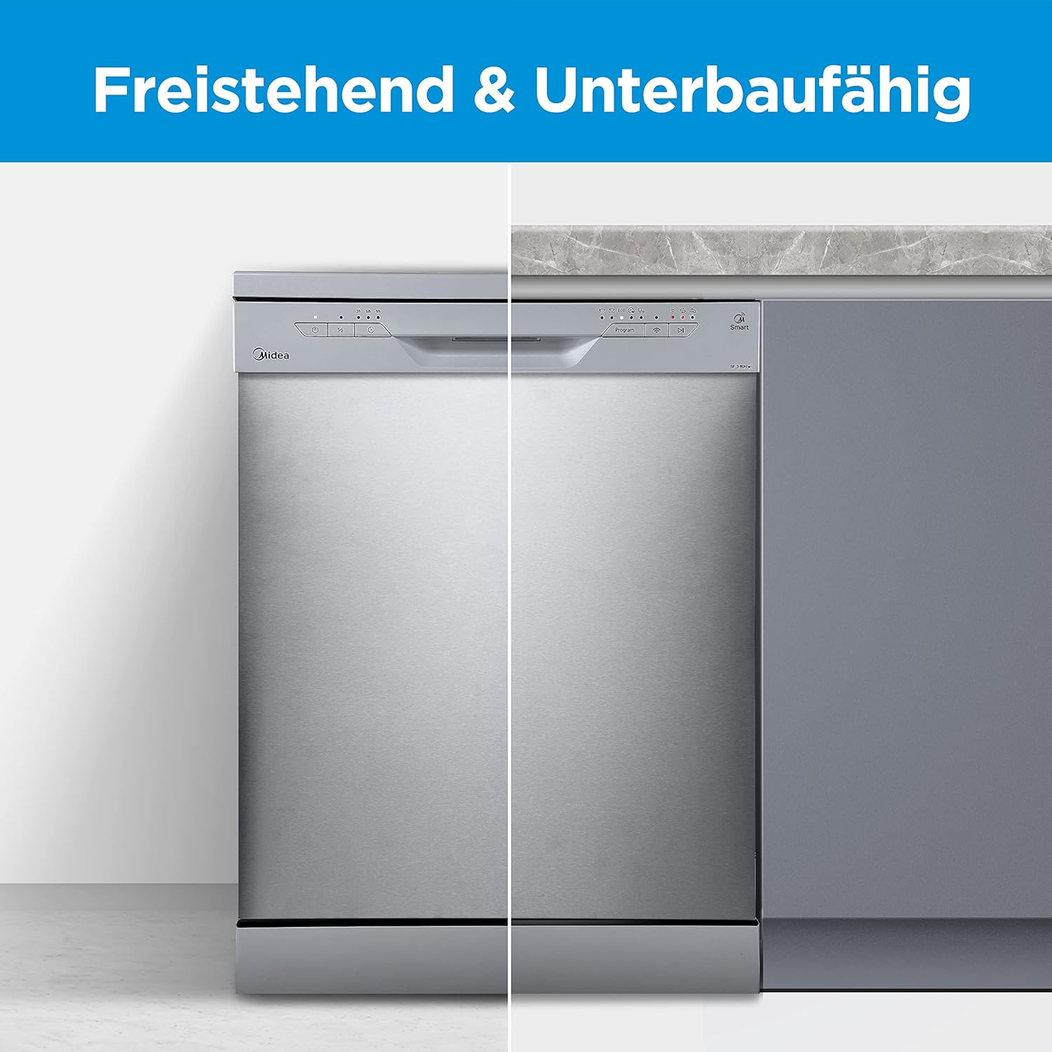 Midea Geschirrspüler Unterbau MDWEU1435XSS-W, 14 Maßgedecke, Spülmaschine 60 cm Teilintegrierbar mit WIFI, Extra Trocknung, 7 Programme, 47dB, 0-24h Startzeitverzögerung, Inox
