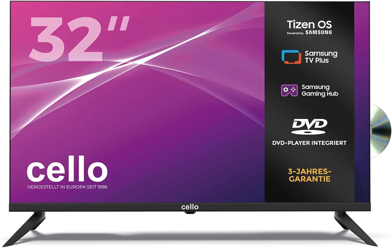 Cello Fernseher, 32 Zoll, Schwarz, Smart TV, C3226TZF rahmenloser Smart-TV mit DVD-Player, Tizen OS von Samsung