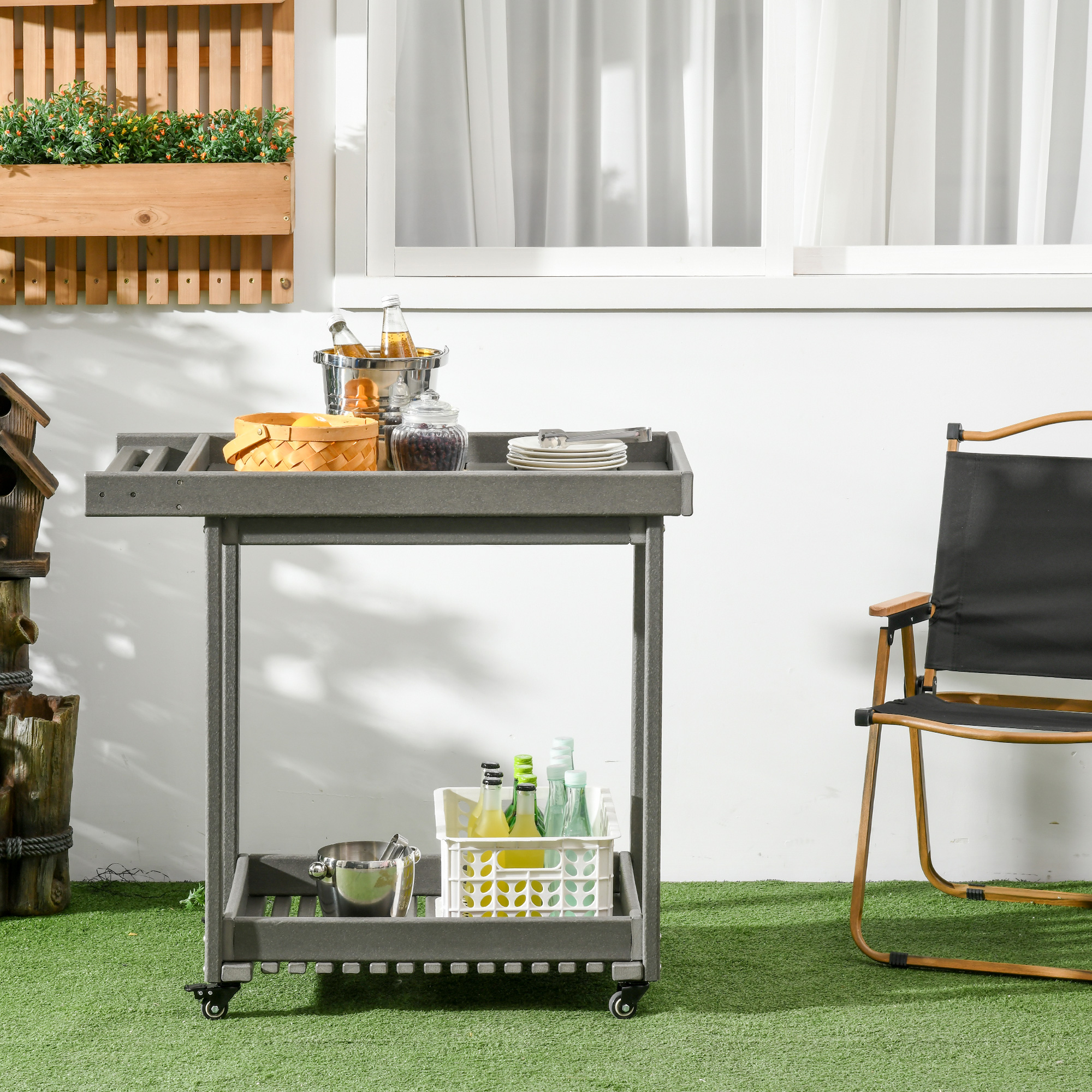 Outsunny Servierwagen mit Handtuchhaltern, 1 untere Ablage, 4 Rollen, 87 cm x 50 cm x 80 cm, Dunkelgrau