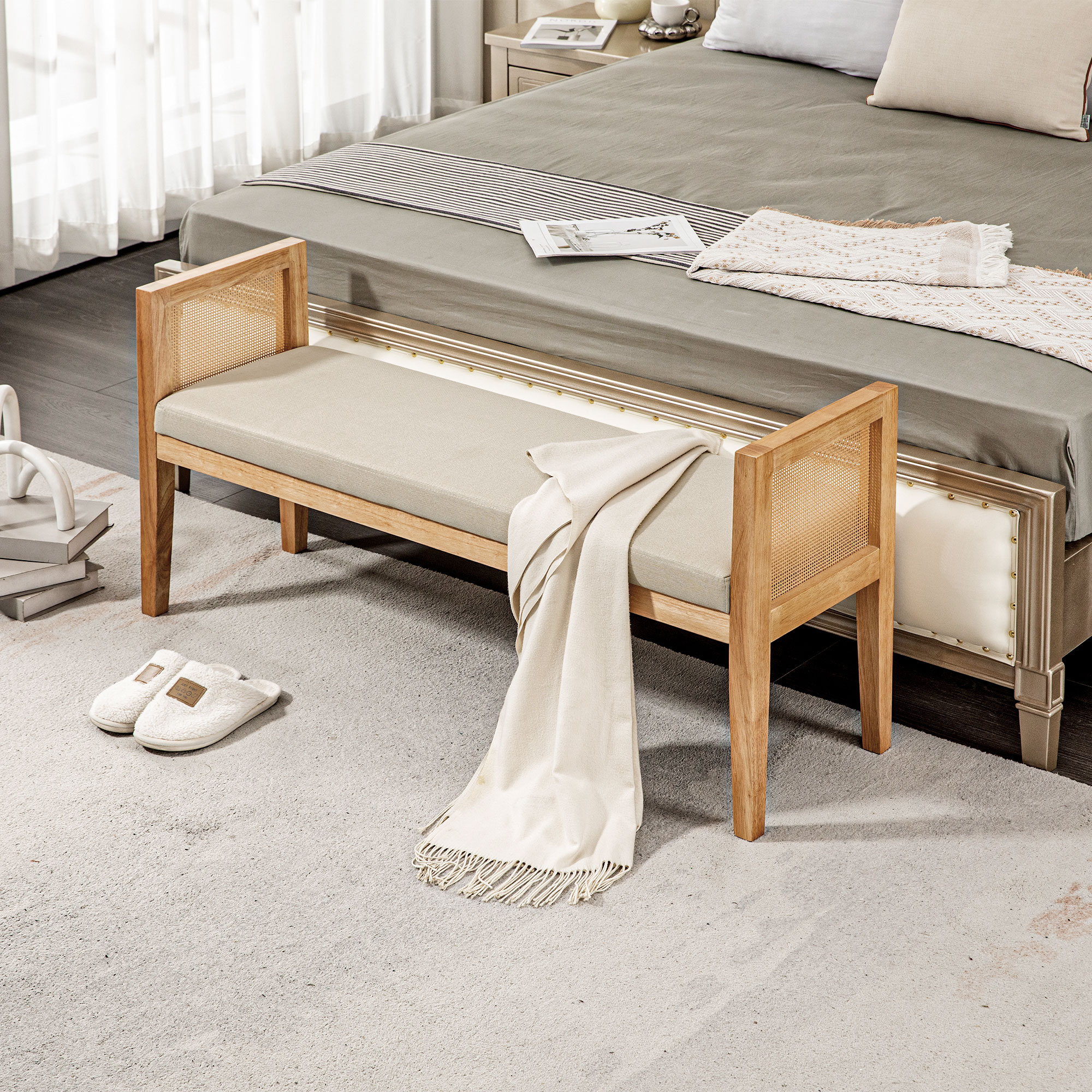 HOMCOM Bettenende Bank mit Leinenstoffbezug, Rattan-Armlehnen und massivem Holzrahmen 120 x 38 x 61,5 cm beige