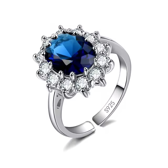 Dark Blue Flower Design Shiny Cubic Zircon Crystal Women Ring