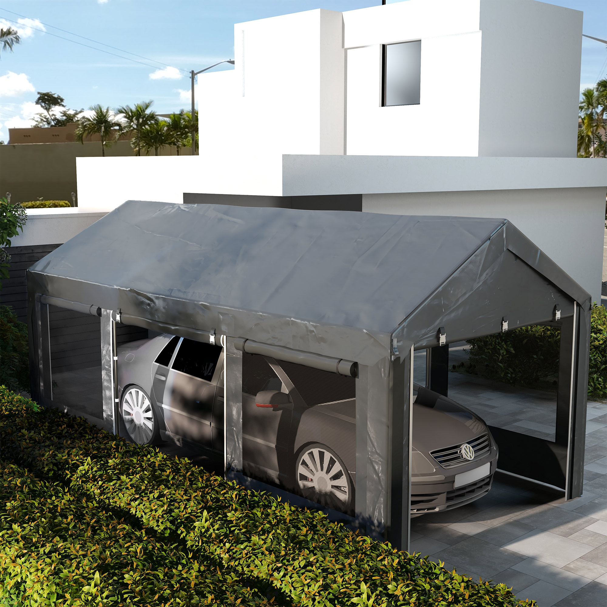 Outsunny Carport & Partyzelt, höhenverstellbar, 4 Fenster & Türen, Metallrahmen, 3 x 6m, Dunkelgrau