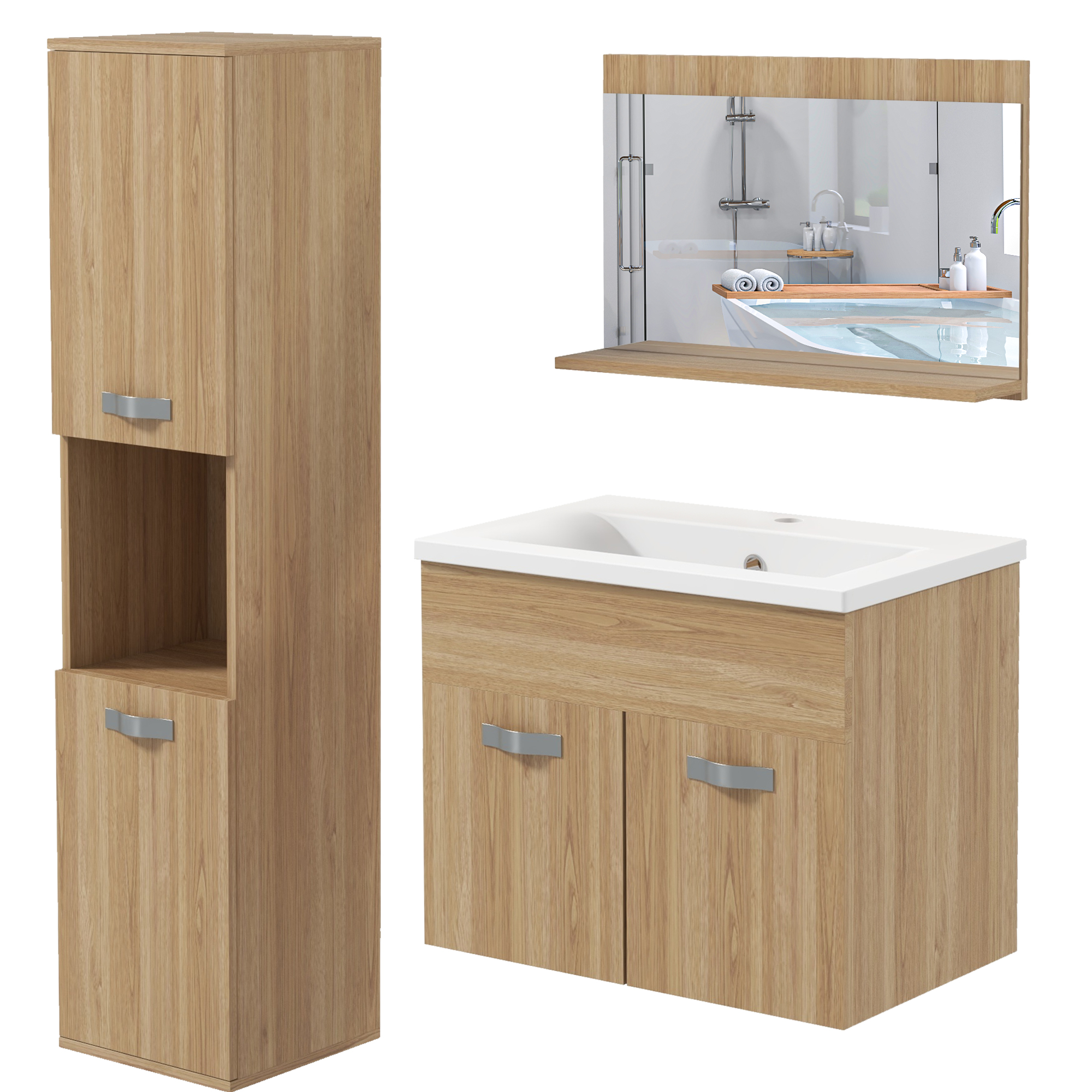 kleankin Badezimmermöbel-Set Badezimmerspiegelschrank + suspendierter Unterschrank mit Waschbecken + Säulenschrank natur