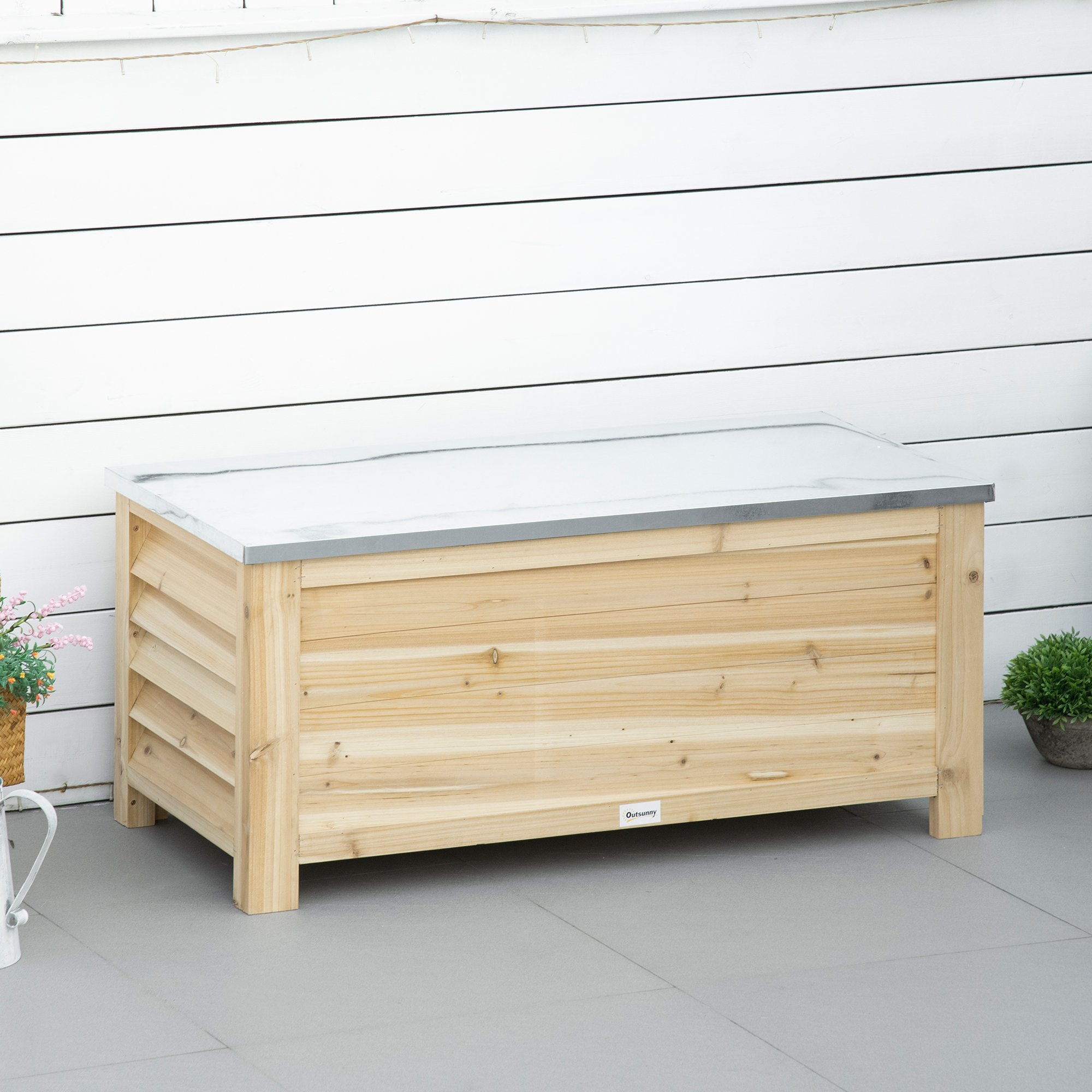 Outsunny Gartentruhe aus Holz und verzinktem Metalldeckel 155L mit Gasdruckfedern - 110 x 50 x 50 cm