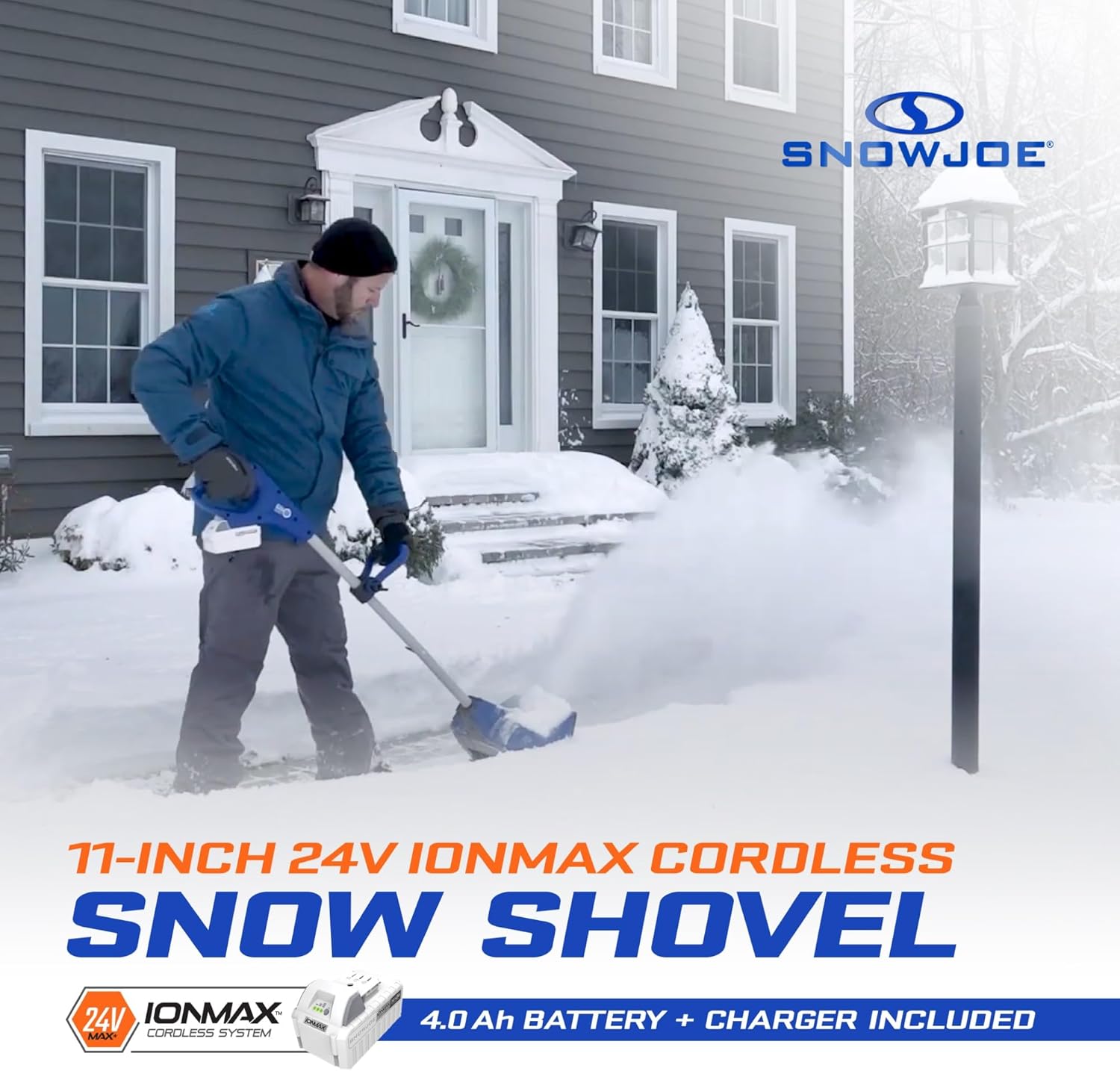 Snow Joe 24V Cordless Electric Shovel Kit w/ 4Ah Battery & Charger  11″ Clearing Width  400W Motor – Portable  Lightweight  Fast Ice & Snow Removal for Deck  Patio  Driveway  24V-SS11