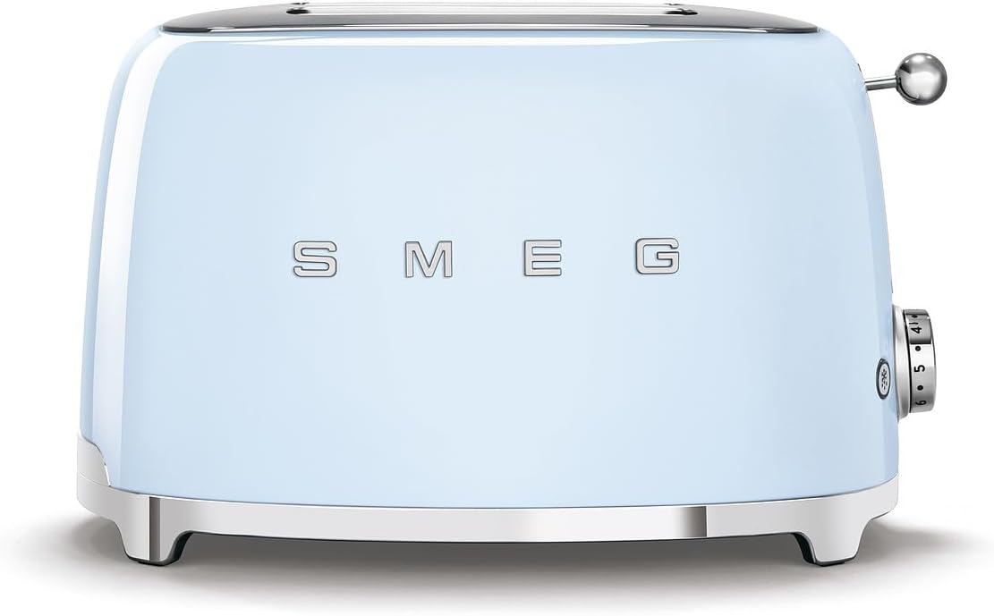 Smeg, 2x2 TSF01PBEU -Toaster, 2 Schlitze für 2 Scheiben, 6 Vergoldungsniveaus, Heizfunktion, Abtau- und Bagel- Funktion, Sammelschublade, 950W, Pastellblau