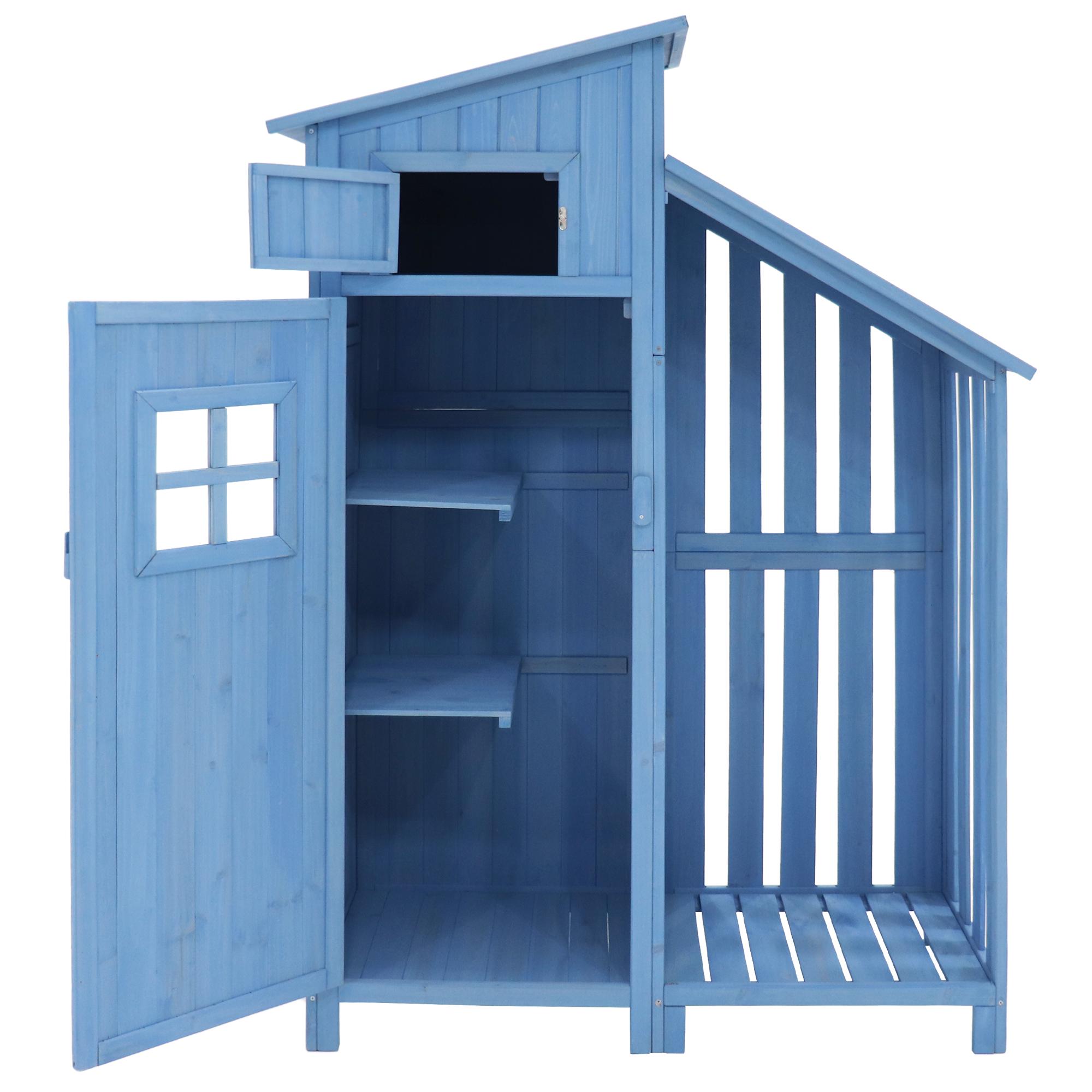 Gartenschrank 118x54x173 cm Holz mit 2 Regalen und großem Stauraum für Garten Geräte, Blau
