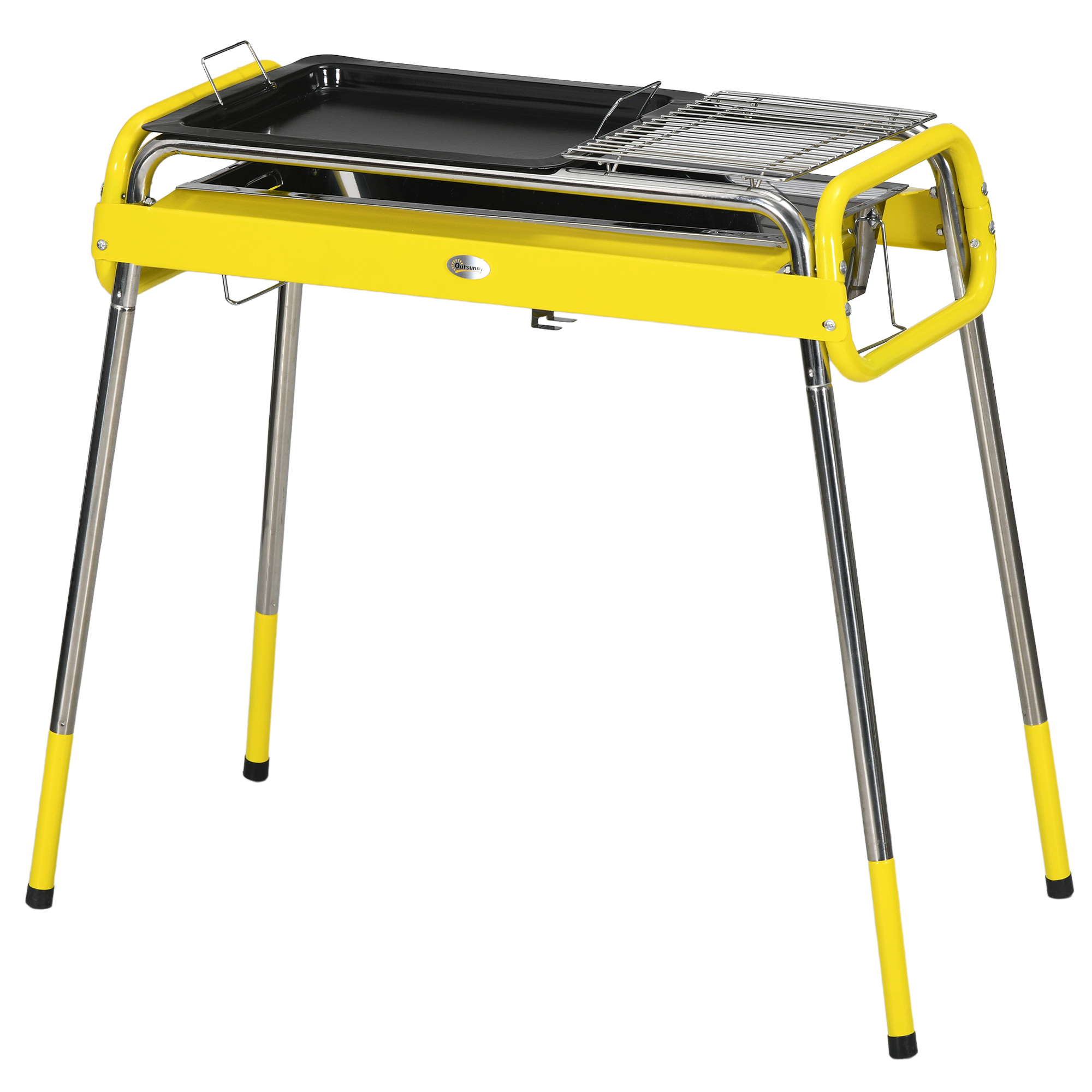 Outsunny Kohlegrill, Klappgrill, 2 x Grillrost, Grillplatte, herausnehmbare Schale, rostfreier Stahl, 85 x 43 x 72 cm, Gelb