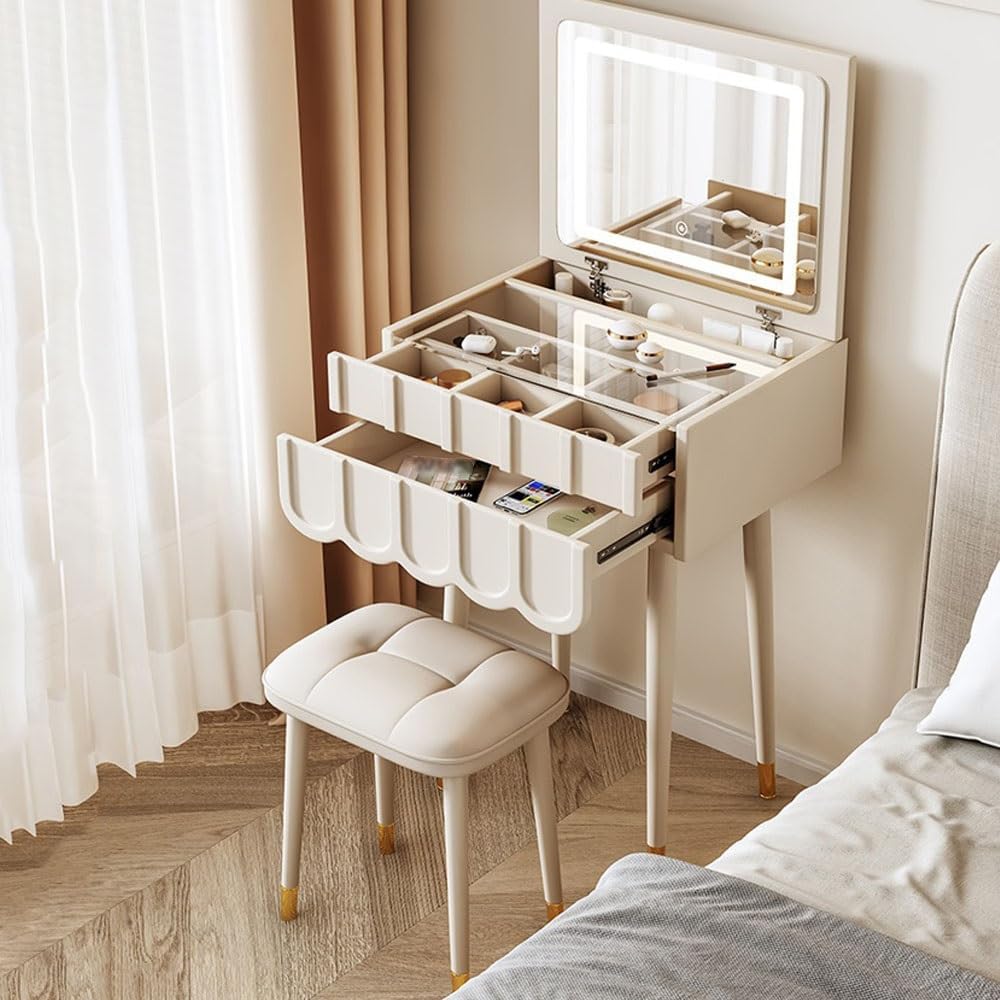 Elegante set da trucco in legno bianco con specchio ribaltabile e sgabello, scrivania salvaspazio e mobili per camera da letto, per trucco e prodotti di bellezza essenziali