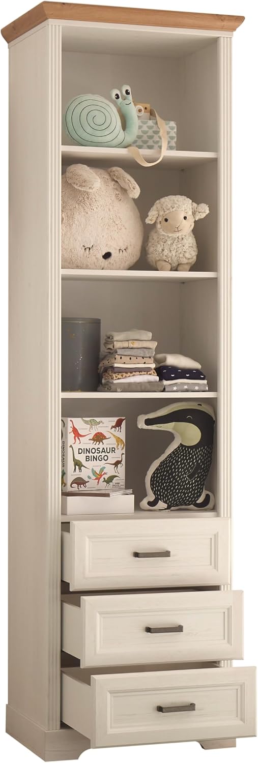 Babyzimmer Jasmin 5 teilig in Anderson Pine mit Absetzungen in Artisan Eiche - Kinderzimmer Komplett Set mit Kleiderschrank, Babybett, Wickelkommode mit 2 Seitenregalen, Standregal, Wandboard