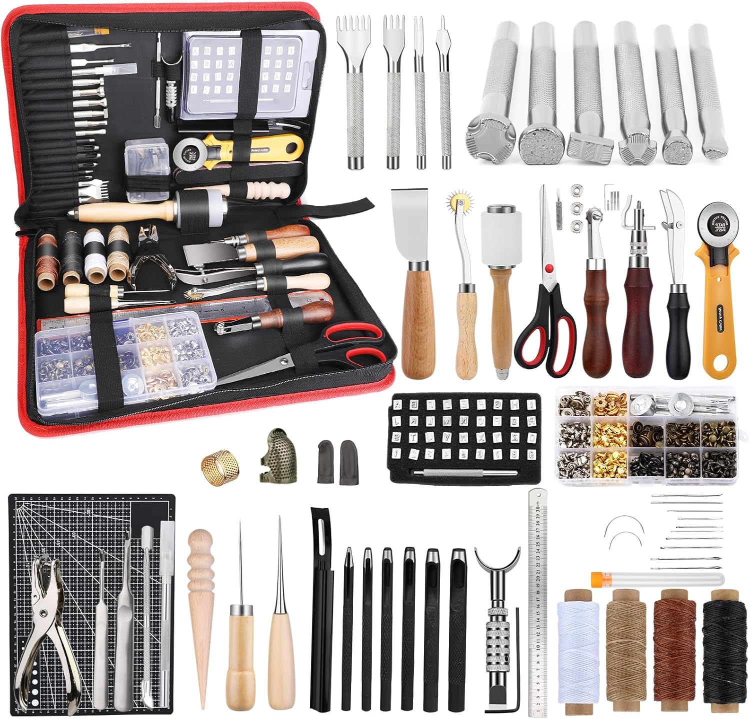 XXL Leather Tooling Kit &ndash; Professional Leather Craft Tools for Handbag Making: Cutting Mats, Engraving, Punching, Sewing, Stamping, Sanding