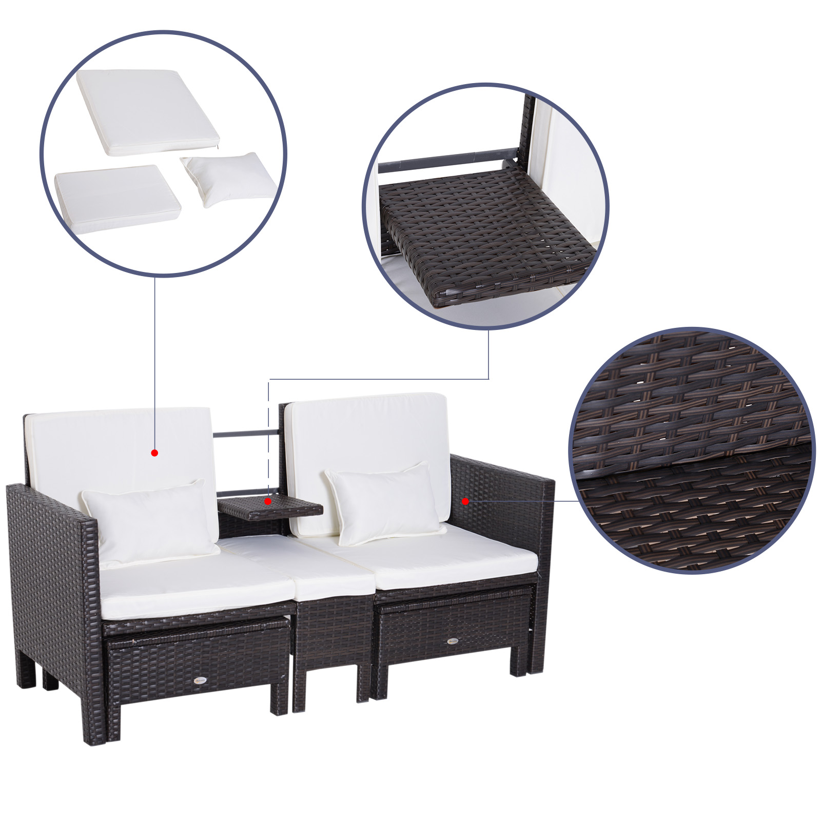 3-delige Tuinbank tuinmeubelen lounge tuinset zitgroep rotan meubel bruin poly-rotan + metaal 2-zits bank 2 x kruk kussens | Aosom.de