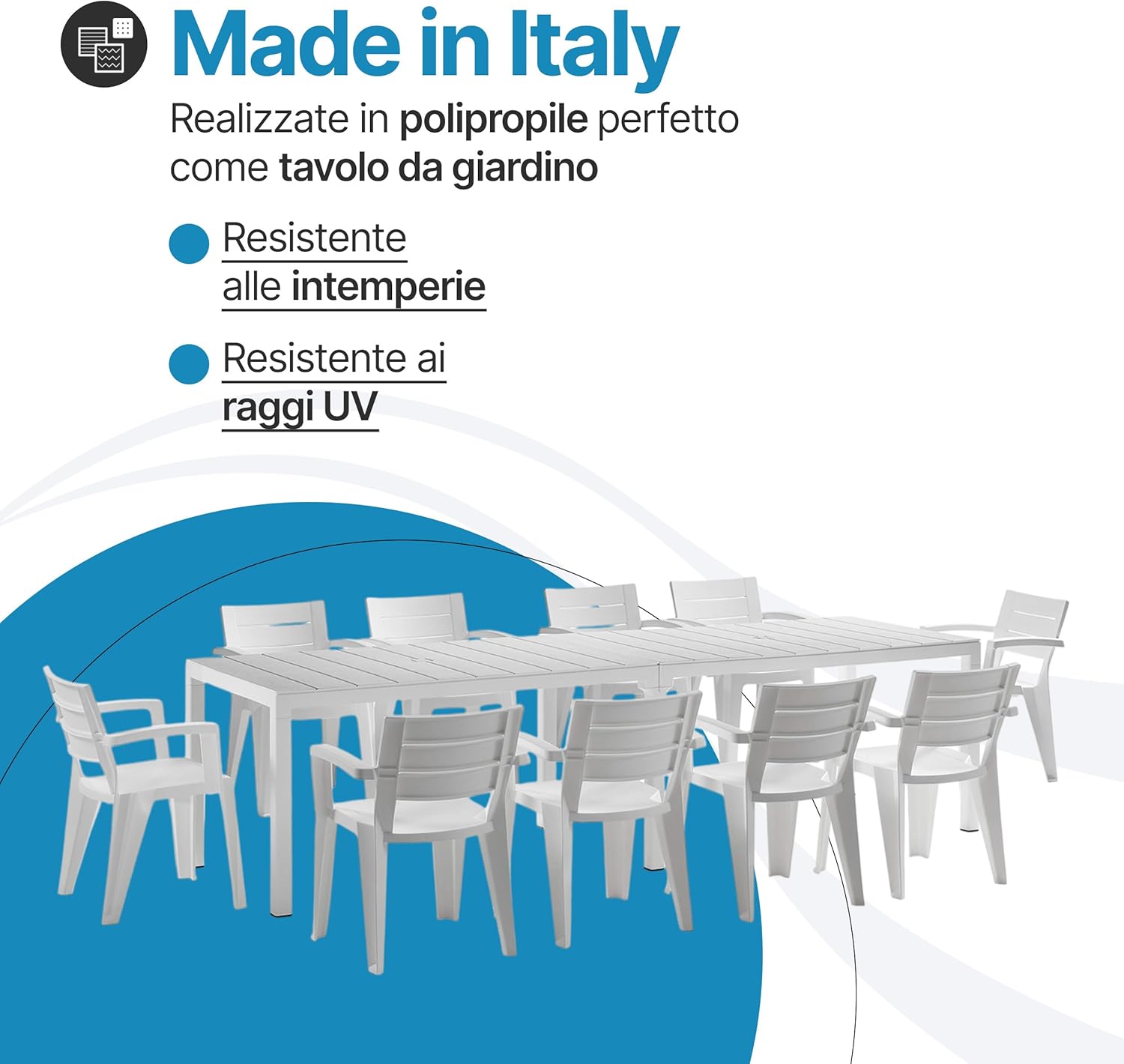 Tomaino - Garden Table with Chairs, Savana Set in Plastic, Outdoor Furniture in Polypropylene for Balcony Terrace (Black, Extendable Table and 10 Chairs)