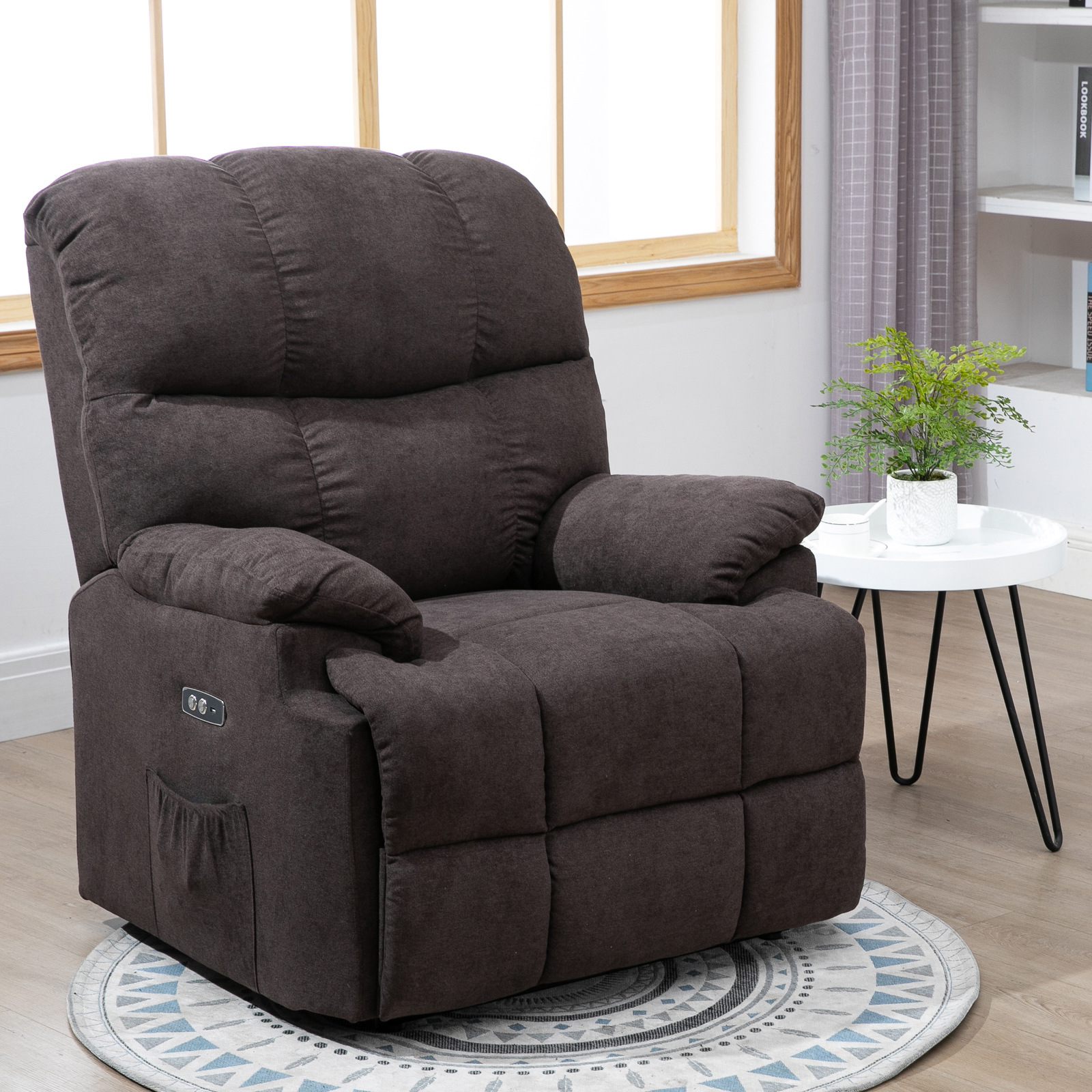 HOMCOM Relaxsessel, Neigbarer Aufstehsessel, verstellbar, mit USB-Anschluss, Seitentasche, Fußablage, Schaumstoff, Braun