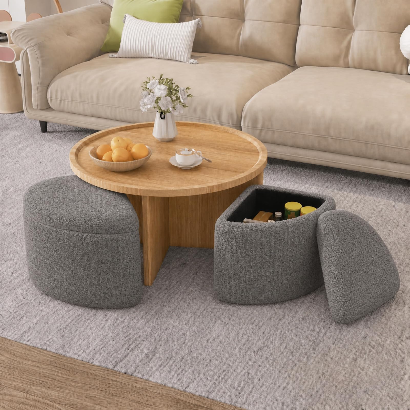 Runder Couchtisch mit 4 Hockern & Stauraum, 80 cm, platzsparend