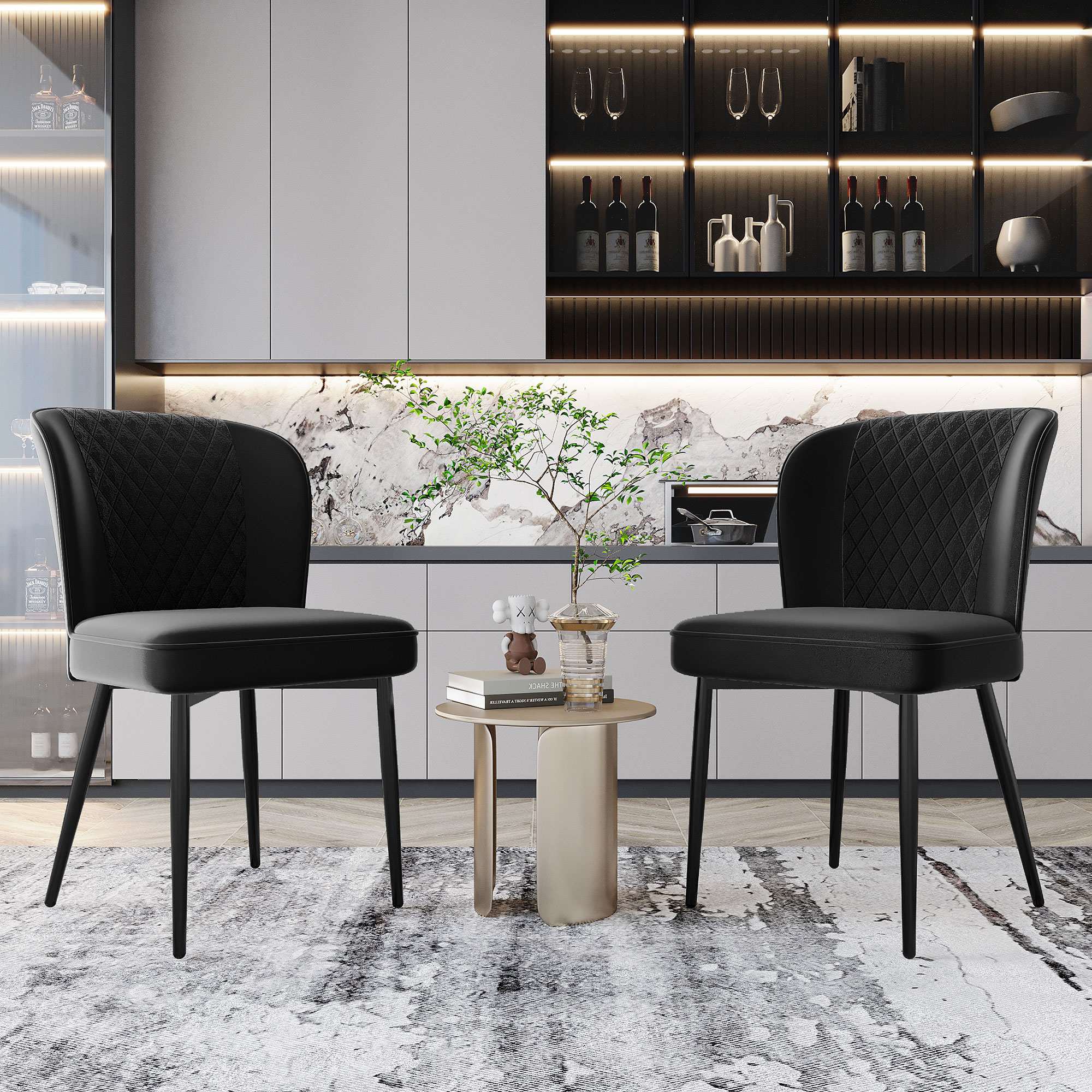Set aus 2 gepolsterten Esszimmerstühlen in Samtoptik mit Rückenlehne, Metallrahmen, Schwarz