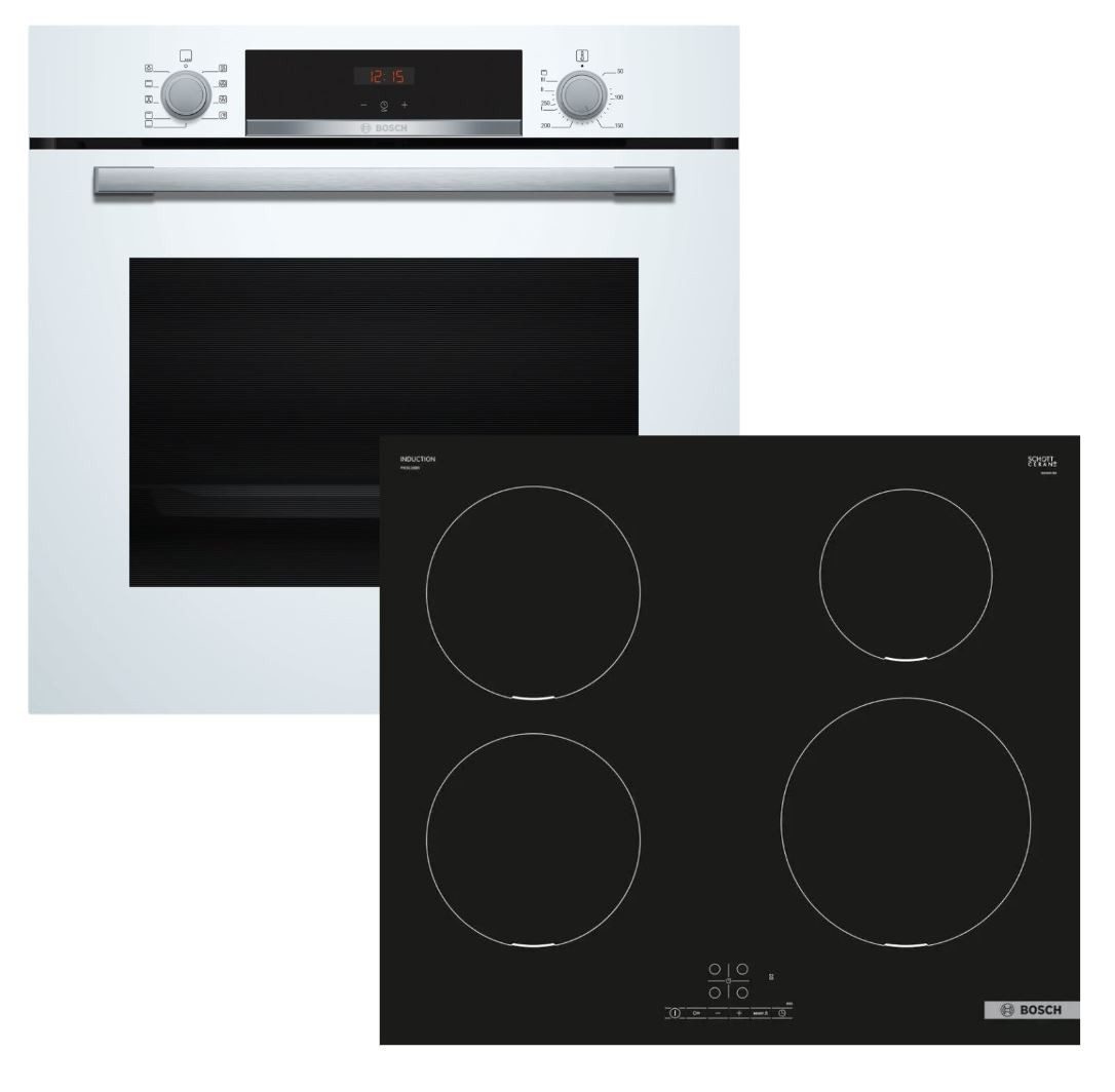 Backofen-Set weiß EcoClean HYDROLYSE + Induktionskochfeld Booster autark 60cm NEU