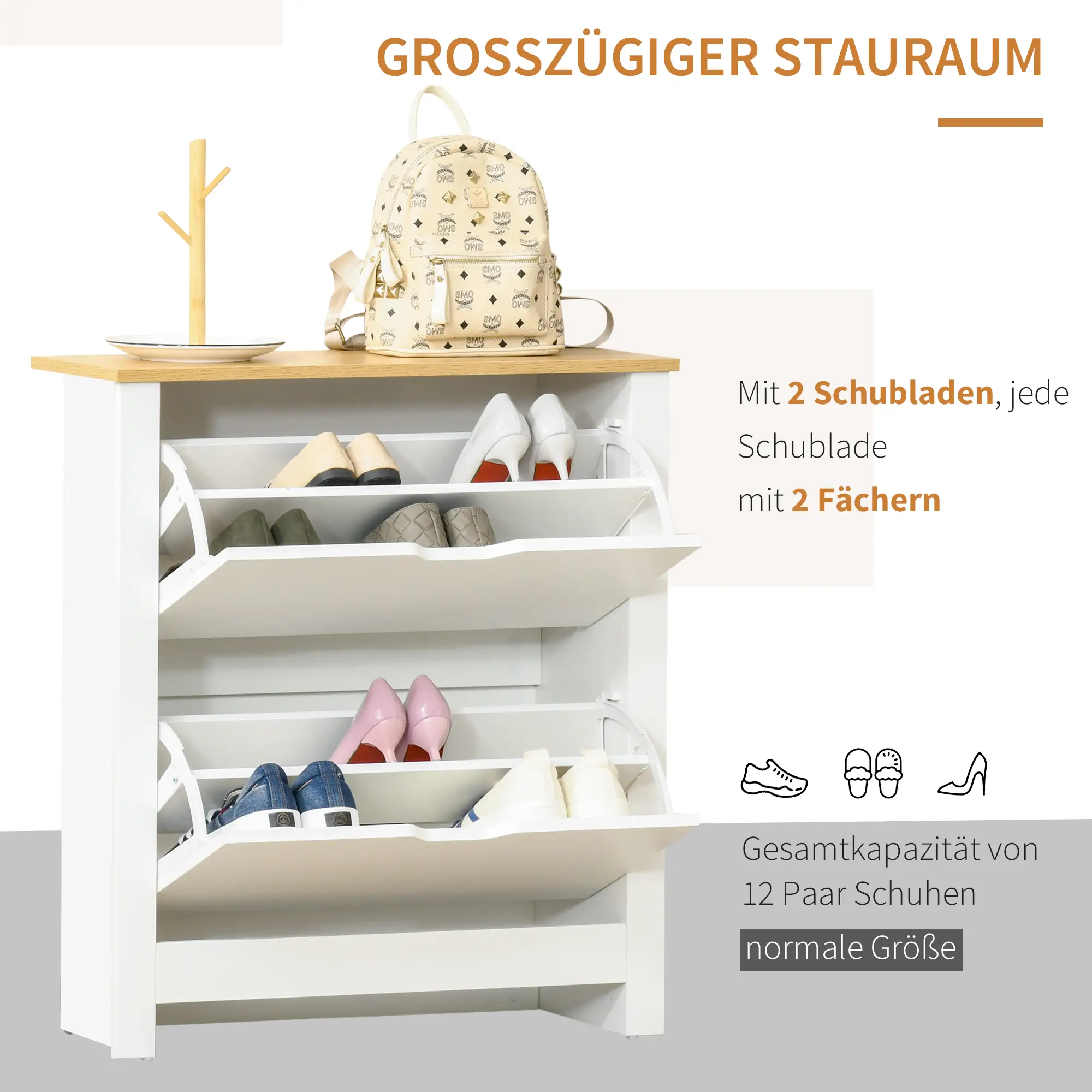HOMCOM Schuhschrank 2 Klappen 12 Paar Schuhe Kippschutz Weiß