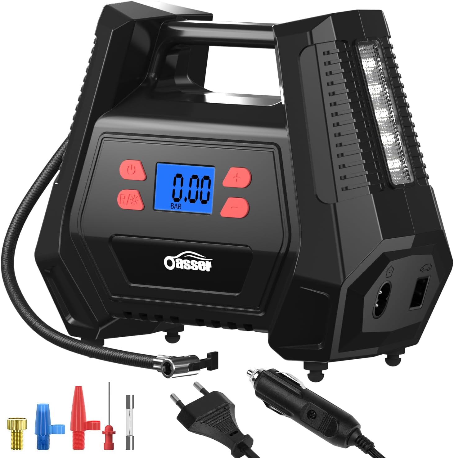 Oasser Portable Air Compressor 12 V AC/240 V DC 150 PSI with 5 Nozzle Adapters, LED Light, Includes Manual Suitable for Car Motorcycle