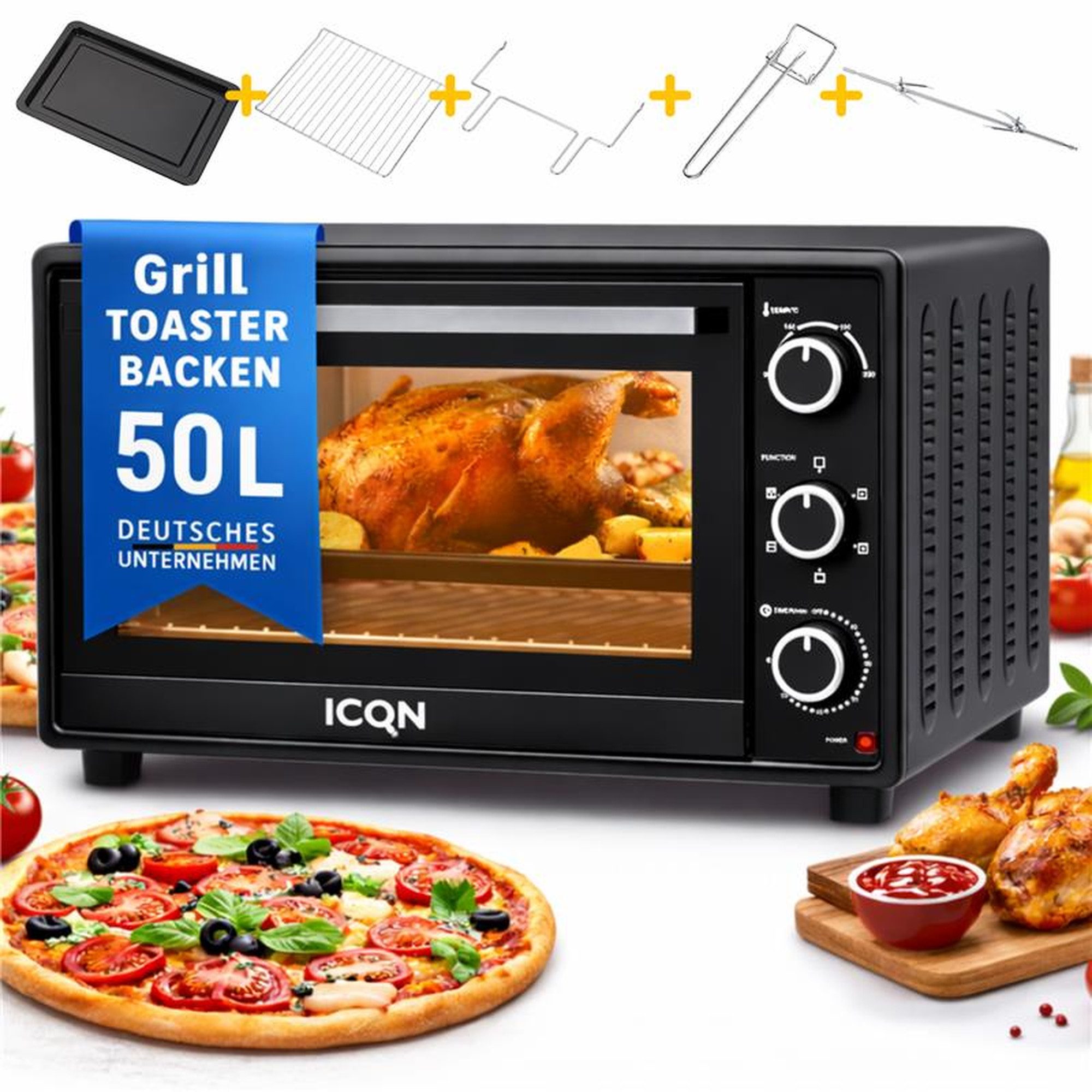 Minibackofen 50L mit Umluft, 1800 W, Drehspieß, Innenbeleuchtung