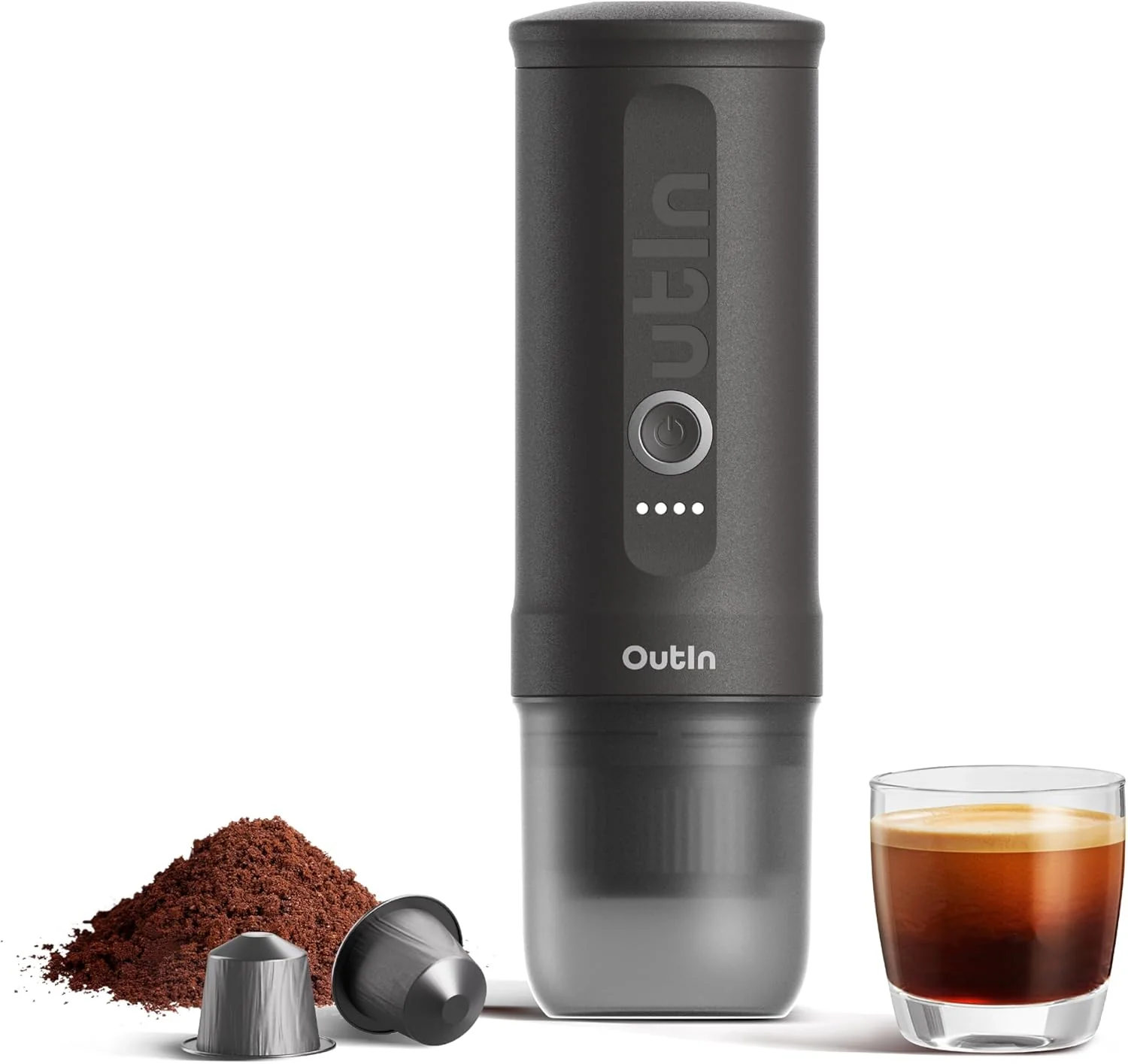 OutIn Nano Draagbare Espressomachine met Batterij, voor onderweg of camping, Koffiezetapparaat to go, met elektrische zelfverwarming via USB - C, 2 in 1 voor gemalen koffie en NS - capsules