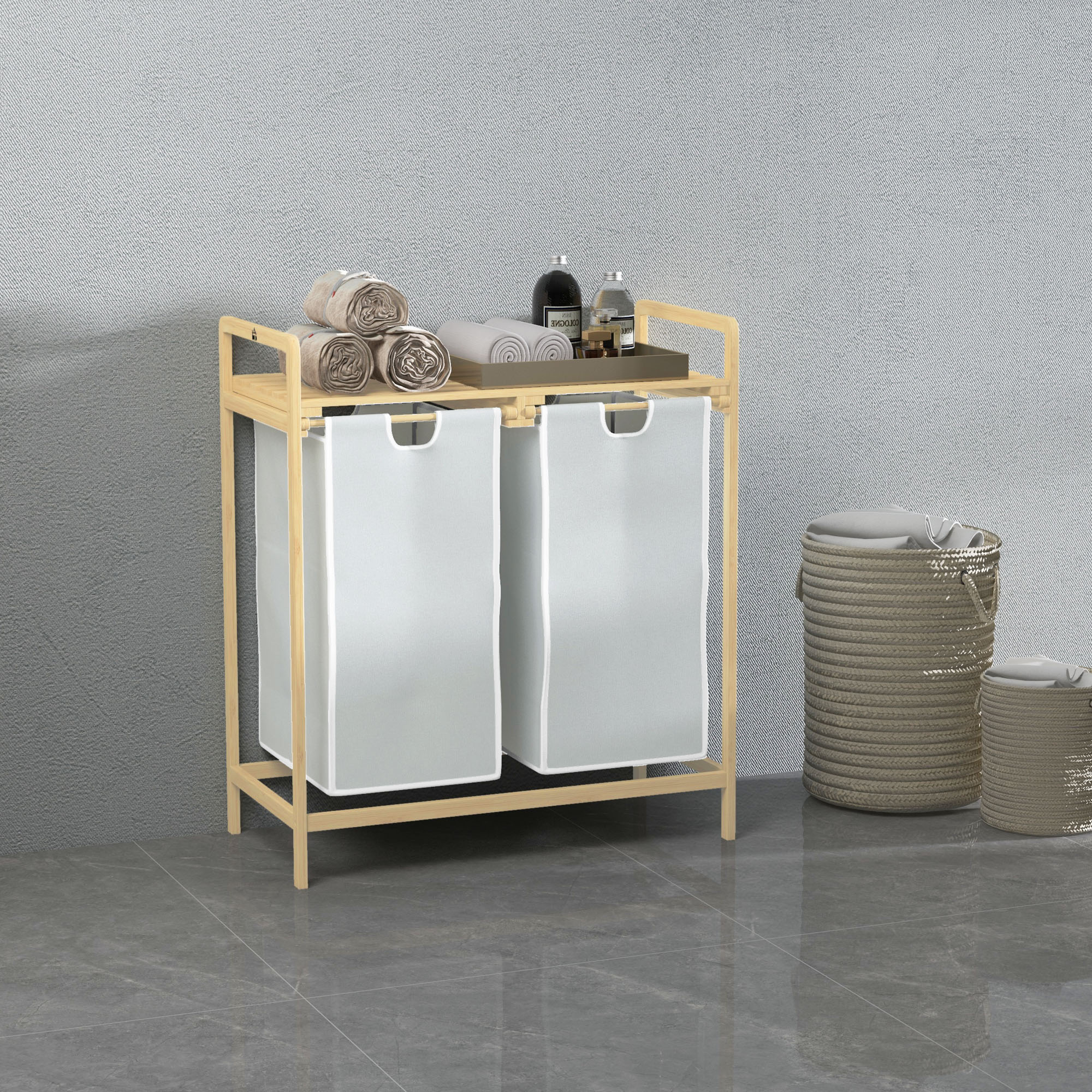 HOMCOM Wäschekorb mit 2 Waschsäcken, 1 Ablage, Bambus, 63,5 cm x 33 cm x 73 cm, Hellgrau + Natur