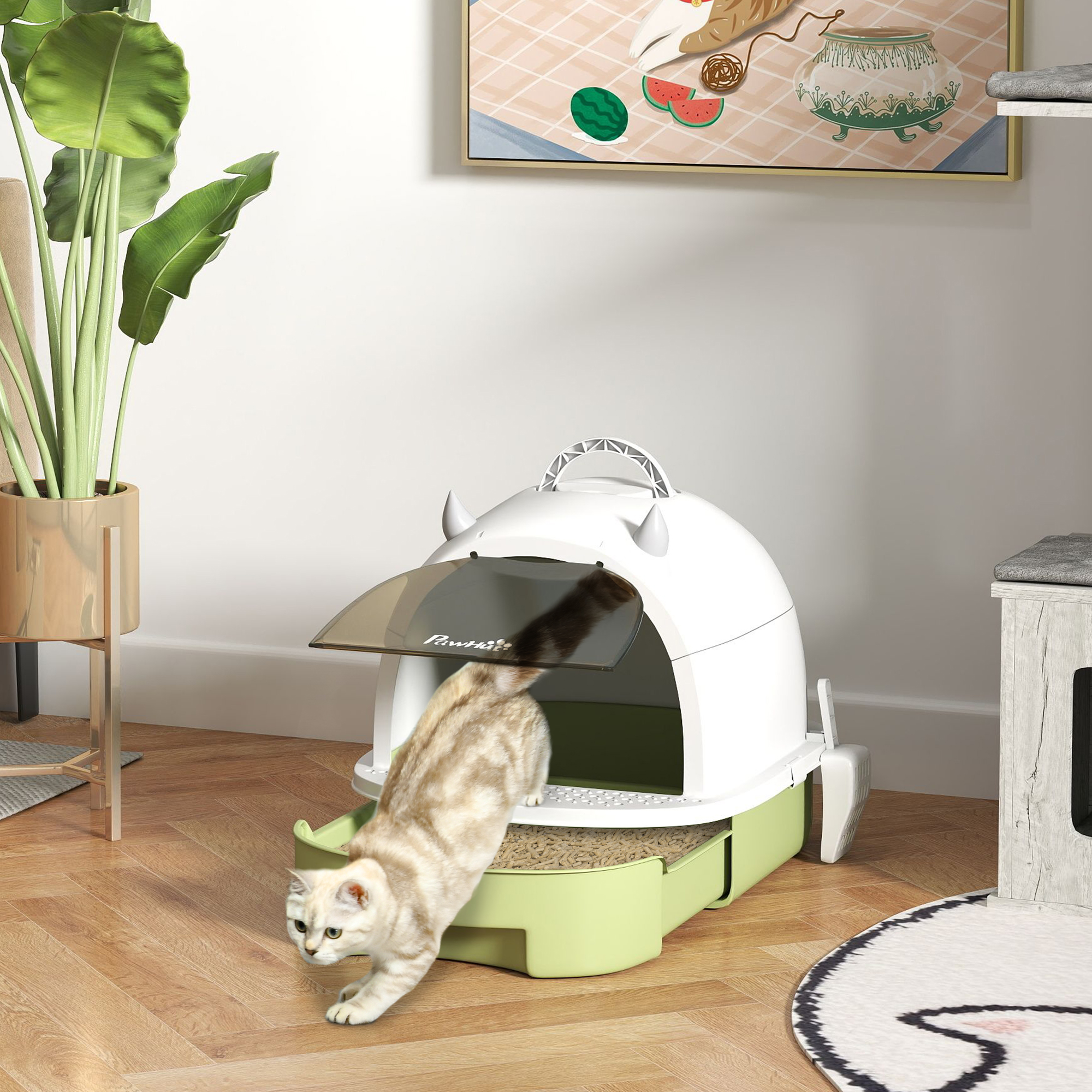 PawHut Geschlossene Katzenstreu mit herausnehmbarem Tablett, Schaufel und Aktivkohlefilter, Multicolor