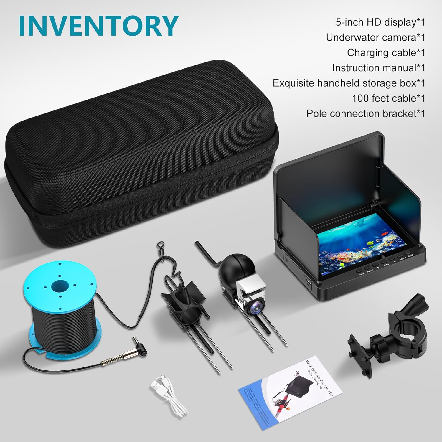 Underwater Fishing Camera with Infrared Night Vision Light, Portable with 100ft Cable, 5 Inch LCD and Upgraded HD Lens