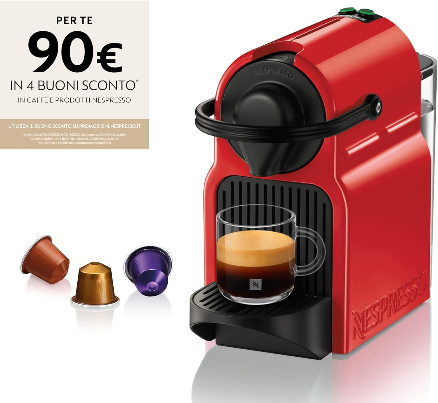 Krups Nespresso Inissia XN1005, Macchina da caffè, Sistema Capsule Nespresso, Serbatoio acqua 0.7L, Ruby Red