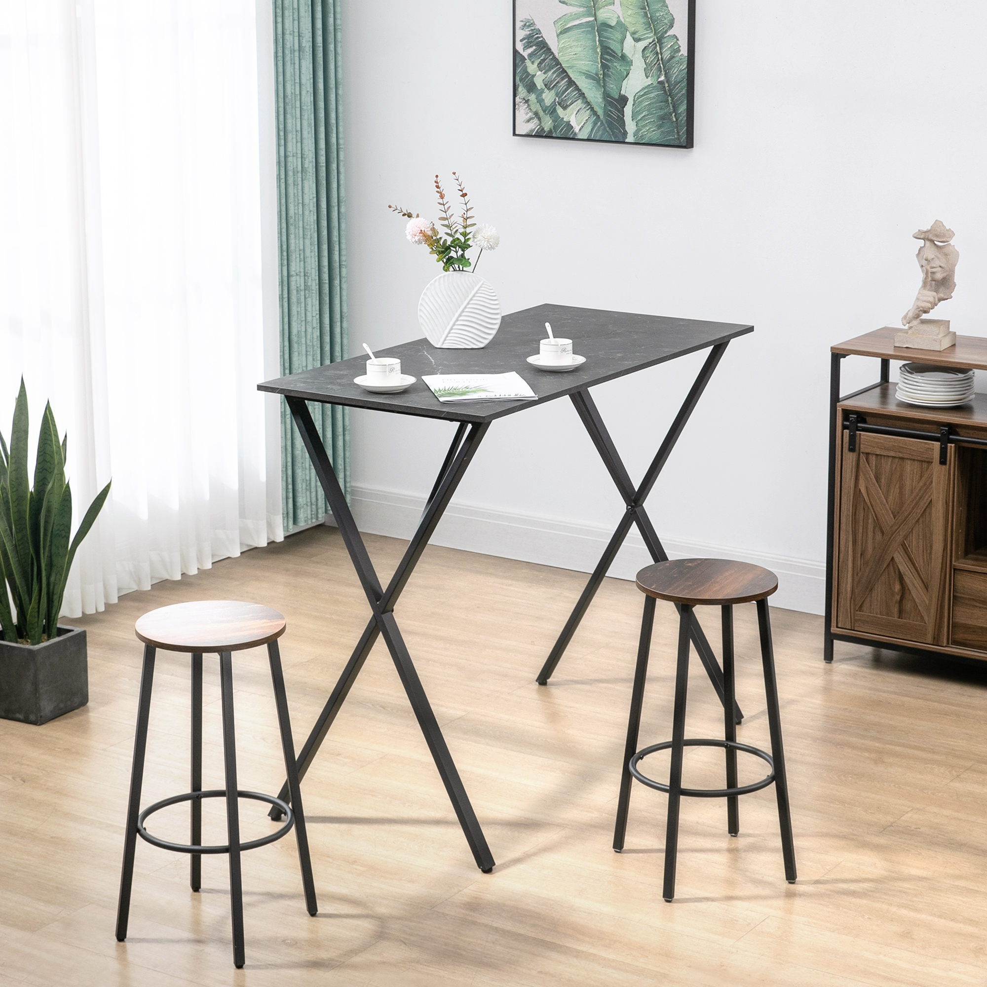 HOMCOM Bartresen Hocher Industriestil Marmoreffekt, Holz und Stahl 120x60x102 cm, Schwarz