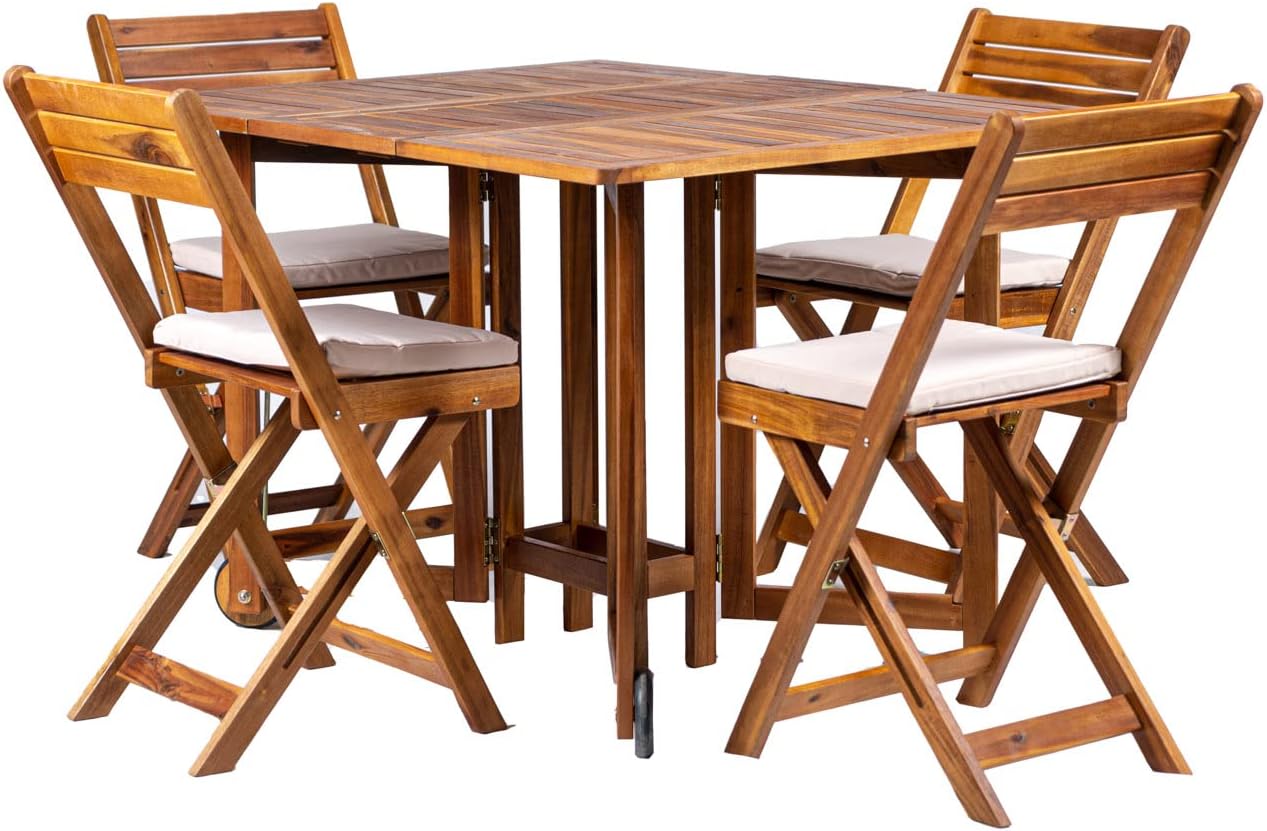 Acacia Wood Garden Set with 4 Folding Chairs and Table