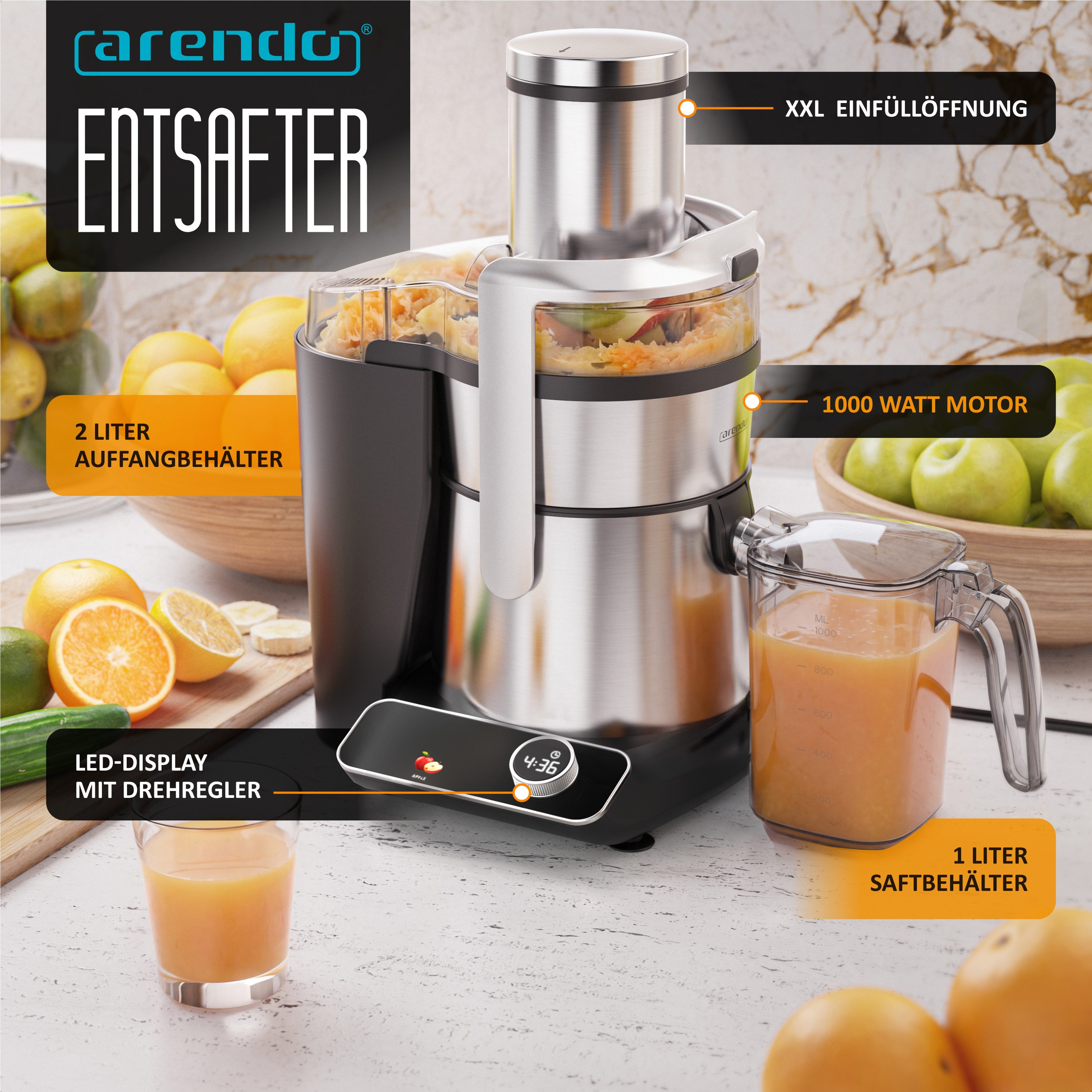 Zentrifugenentsafter Zentrifugaler Edelstahl Entsafter digital für Obst & Gemüse, BPA Frei