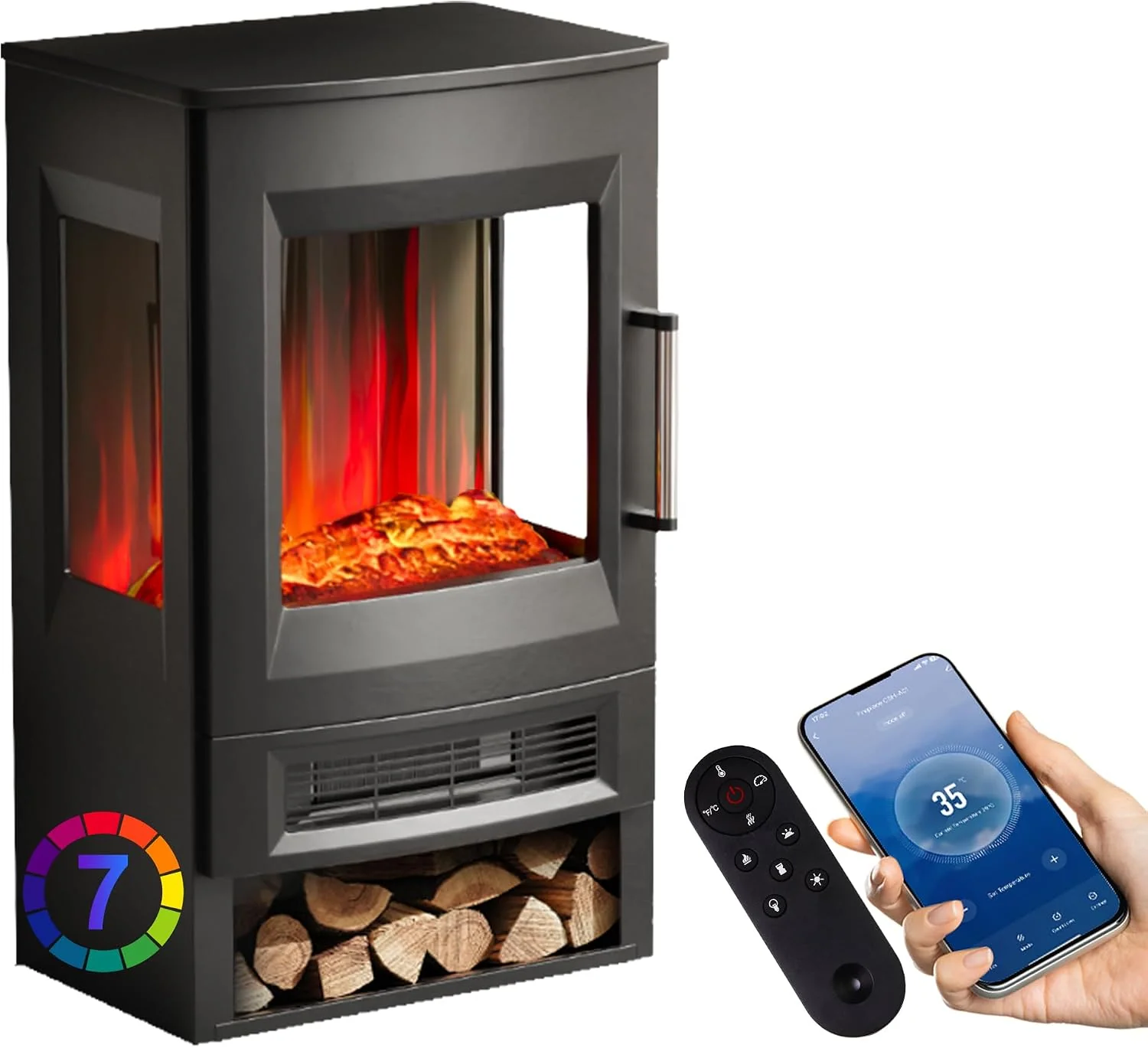 INMOZATA Elektrokamin mit Heizung 900/1800W Panorama-Sichtfenster Elektrischer Kamin mit 7 Flammenfarben, Einstellbarer Thermostat