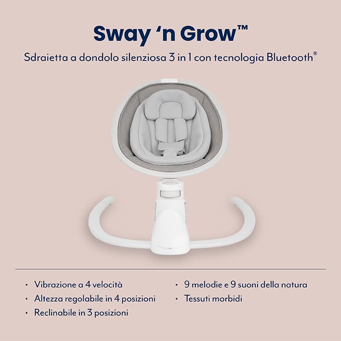Graco   Sway ‘n Grow™ Sdraietta a dondolo silenziosa 3 in 1 con tecnologia Bluetooth®, 3 modalità (sdraietta, dondolo, seggiolina), dalla nascita fino ai 4 anni circa (max. 18 kg), colore Heather : Amazon.it: Prima infanzia