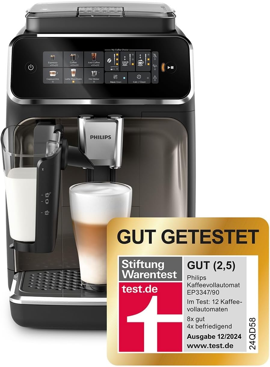 Philips 3300 Series Kaffeevollautomat - 6 Getränke, Modernes Farb-Touchscreen-Display, LatteGo-Milchsystem, SilentBrew, 100% Keramikmahlwerk, AquaClean Filter, Schwarzchrom (EP3347/90)