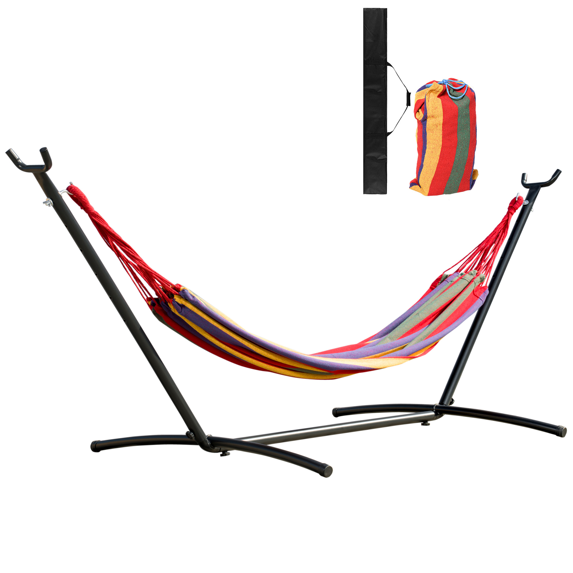 Outsunny Hängematte mit Gestell 200x150cm 6-stufig Höhenverstellbar Tragetasche für Terrasse Baumwolle Stahl Outdoor