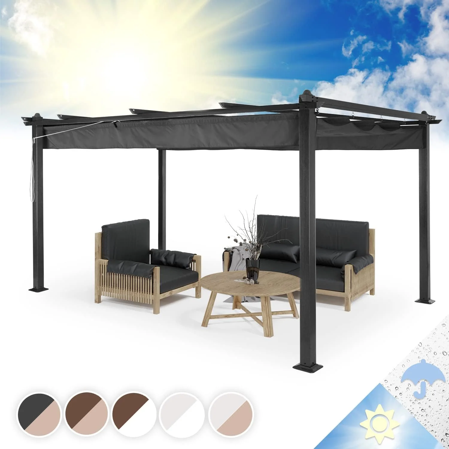 blumfeldt Pavillon, Dunkelgrau, Pantheon Pergola Awnings, Wasserdicht, Stabil & Winterfest, Garten mit aus Metall
