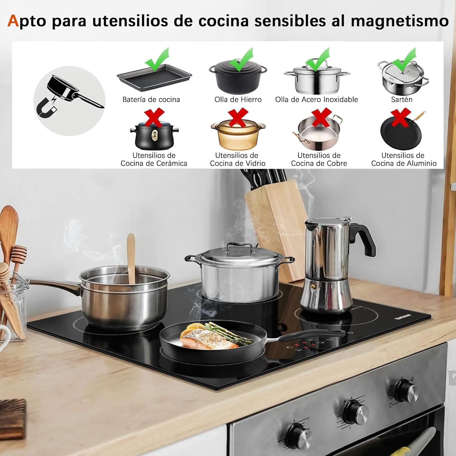 Karinear Piano Cottura Induzione 4 Fuochi, 60cm Piastra Induzione Elettrico 4 Piastre, Piani Cottura con Spina 3500W, 9 Power Comandi Toccare, Blocco di Sicurezza per Bambini, Timer Lock, Vetro, Nero