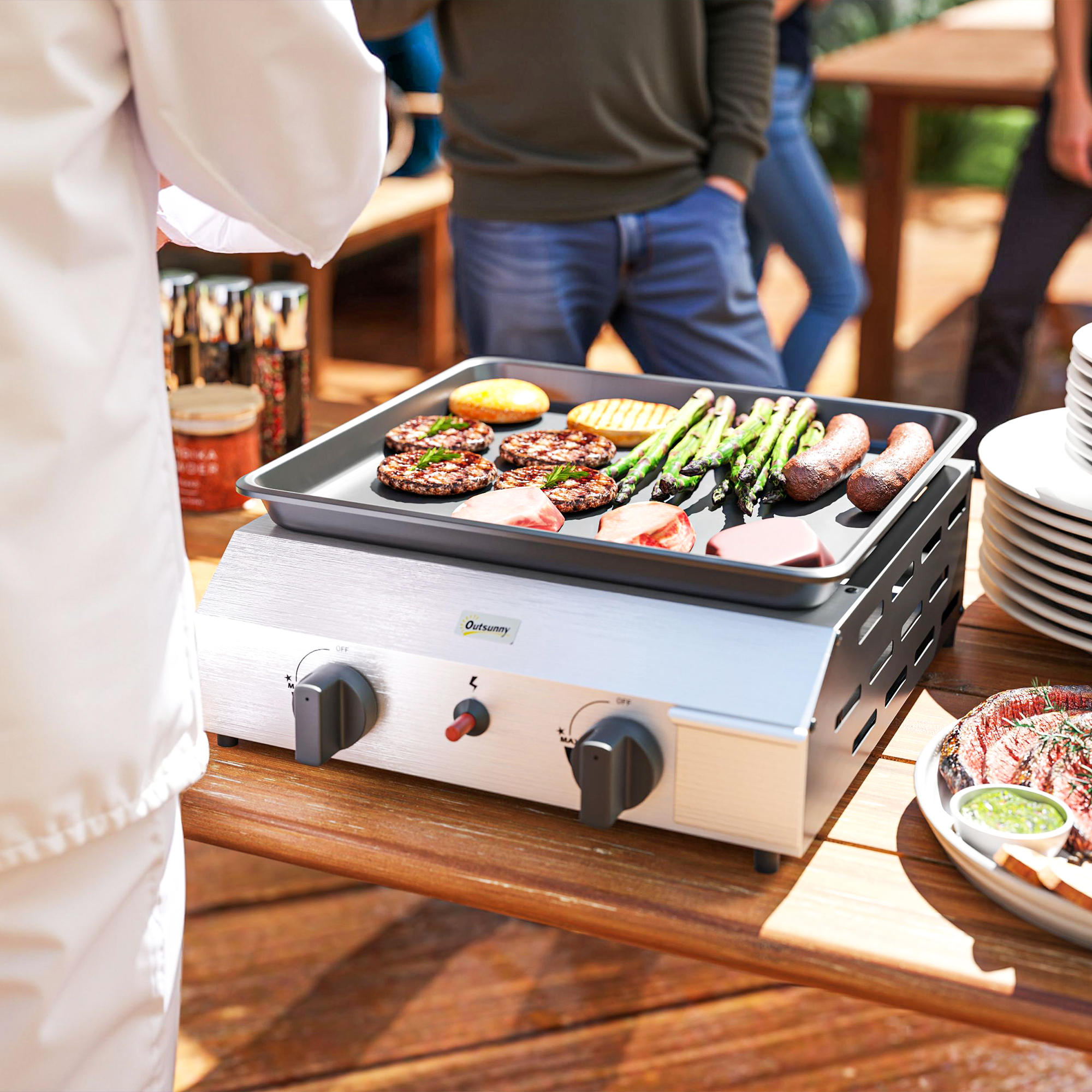Outsunny Gasgrill 8000BTU/2,4 KW Grillwagen inkl 2 Edelstahl-Brenner Druckminderer 44 x 44,5 x 19 cm Silber+Schwarz