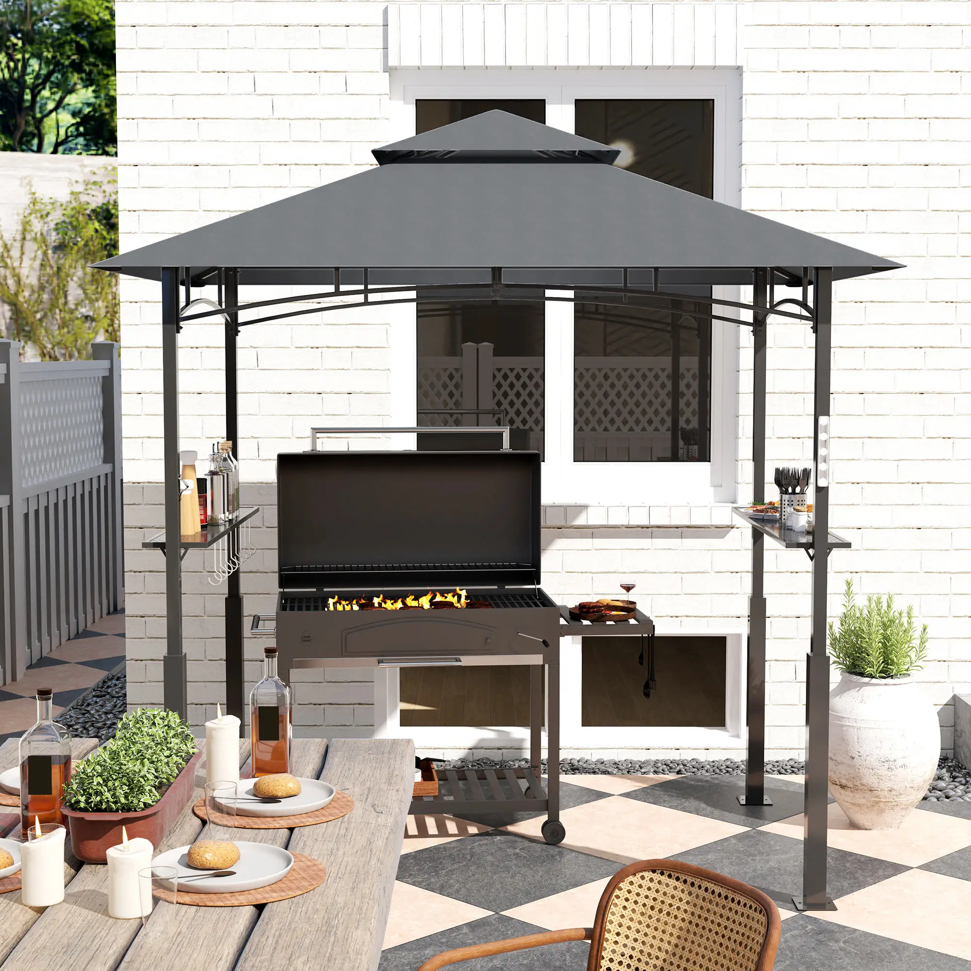 Outsunny Grillpaviljoen dubbellaags dak LED-verlichting