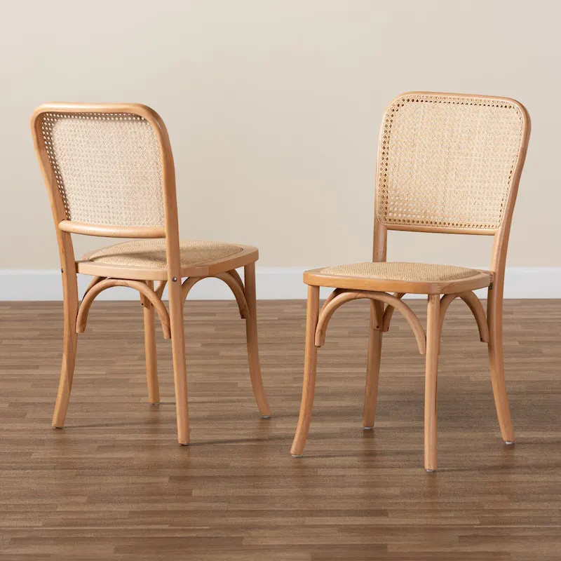 Neah Mid-Century Modern 2-Piece Woven Rattan and Wood Dining Chair Set