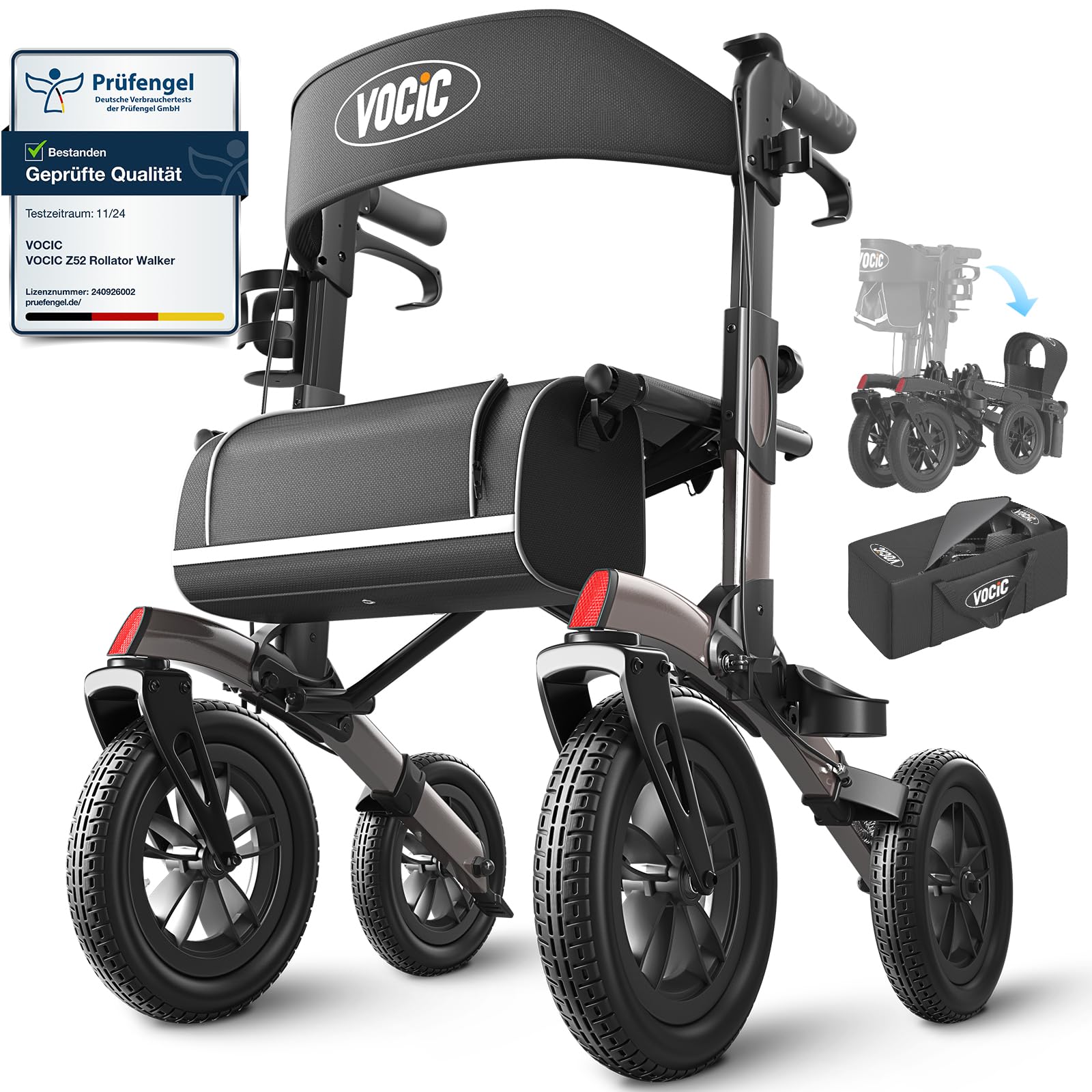 Rollator faltbar leicht mit Sitz Nonluftbereifung Outdoor Aluminium höhenverstellbar grau 5 Jahre Support